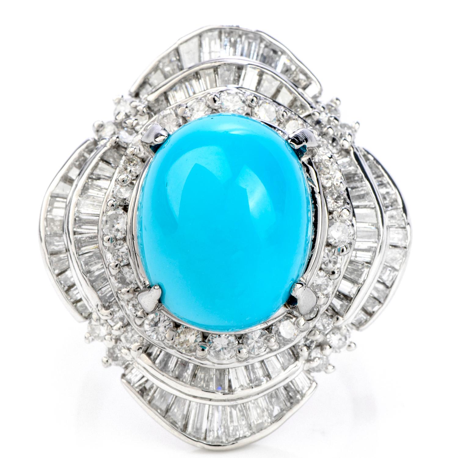 Feel the Splendorous Display from this Turquoise Ballerina Ring!   

Weighing approximatley 11.19 carats, This Oval Shaped Cabochon Sleeping Beauty Turquoise, is safely secured by four prongs, and Surrounding this gourgeuous stone, Dancing and