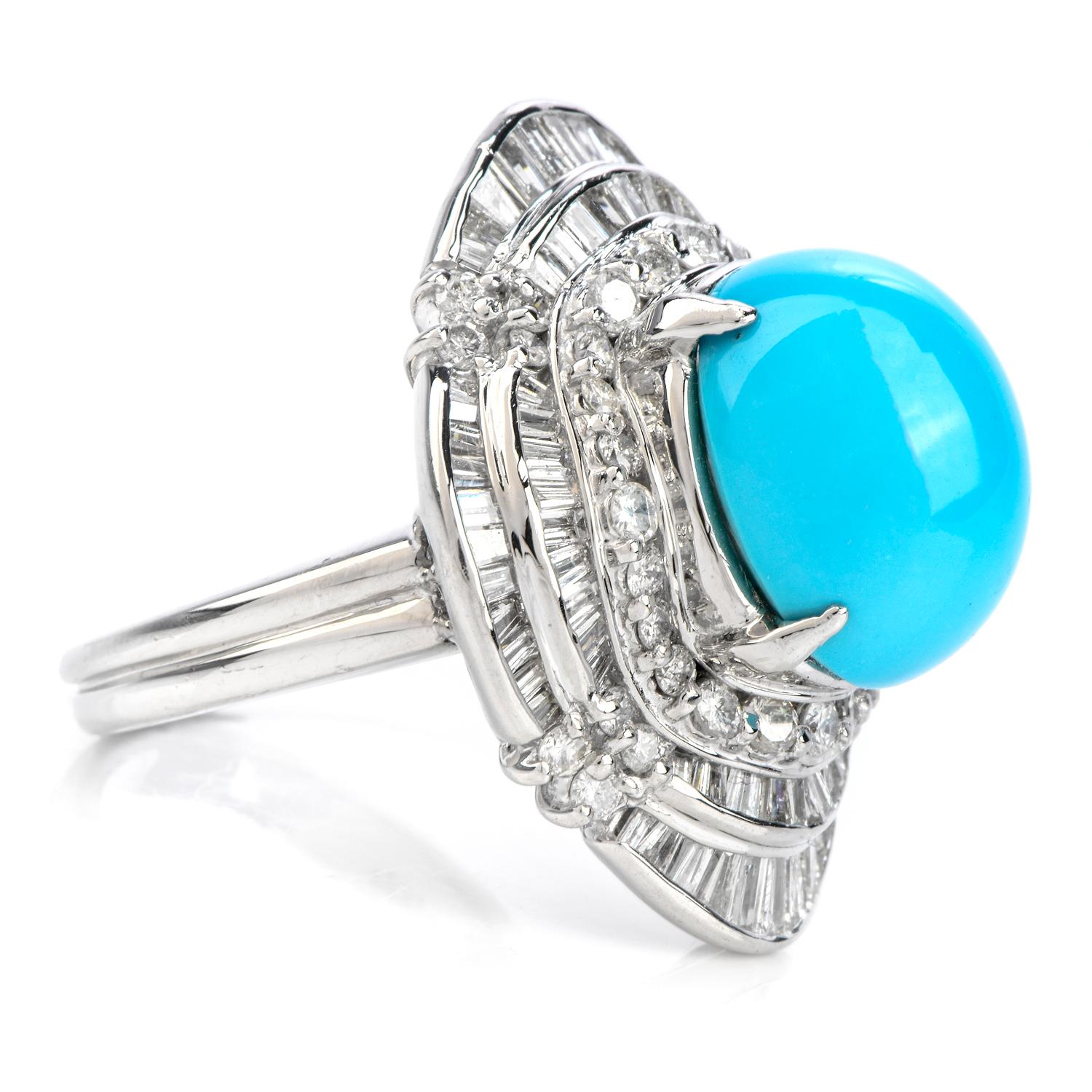 1980s Turquoise Diamond Platinum Ballerina Cocktail Ring In Excellent Condition For Sale In Miami, FL