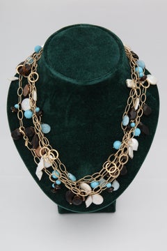 1980s Turquoise with Citrines and Different Shaped Pearls Gold Long Link Chain