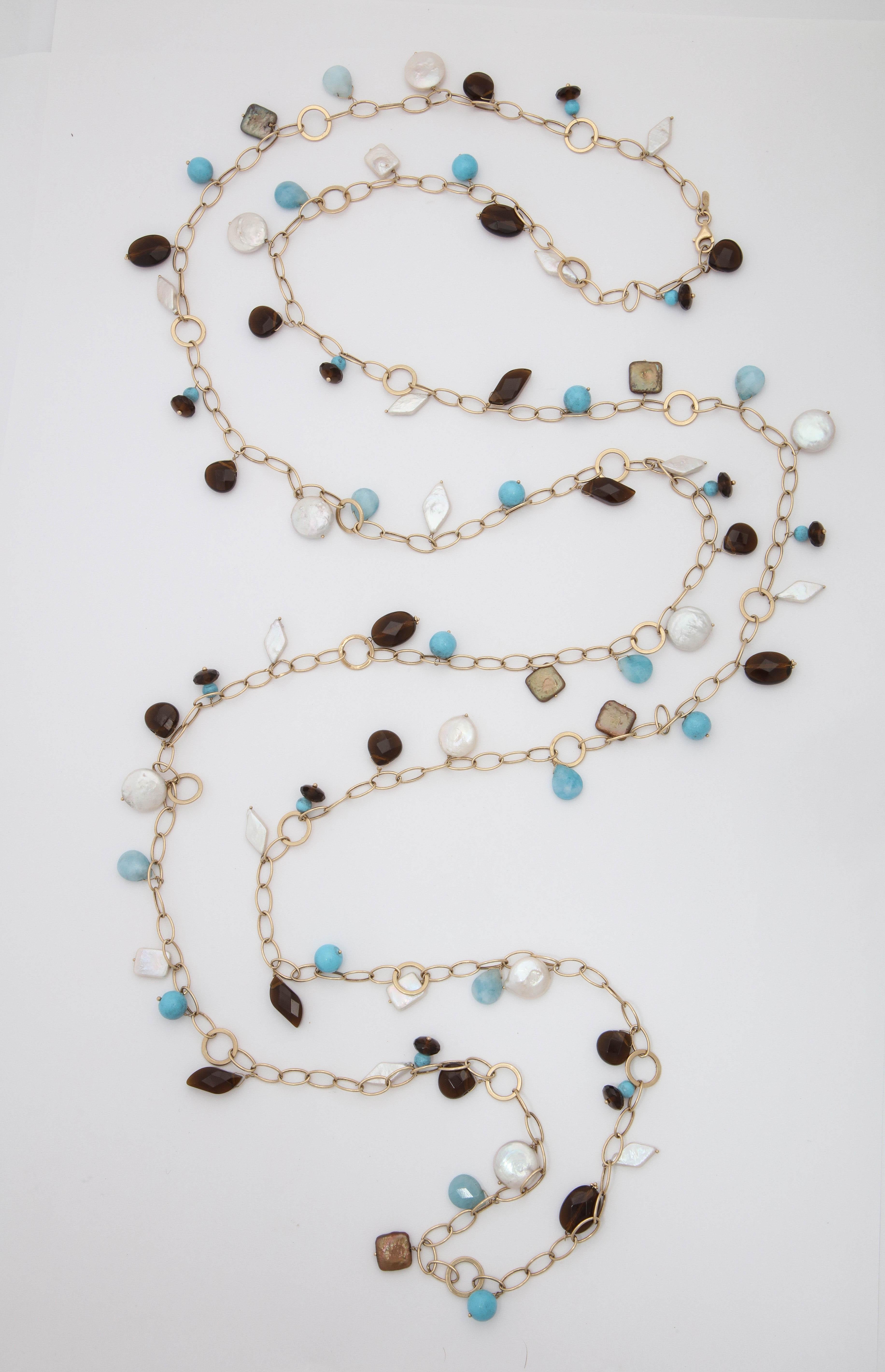 Bead 1980s Turquoise with Citrines and Different Shaped Pearls Gold Long Link Chain For Sale
