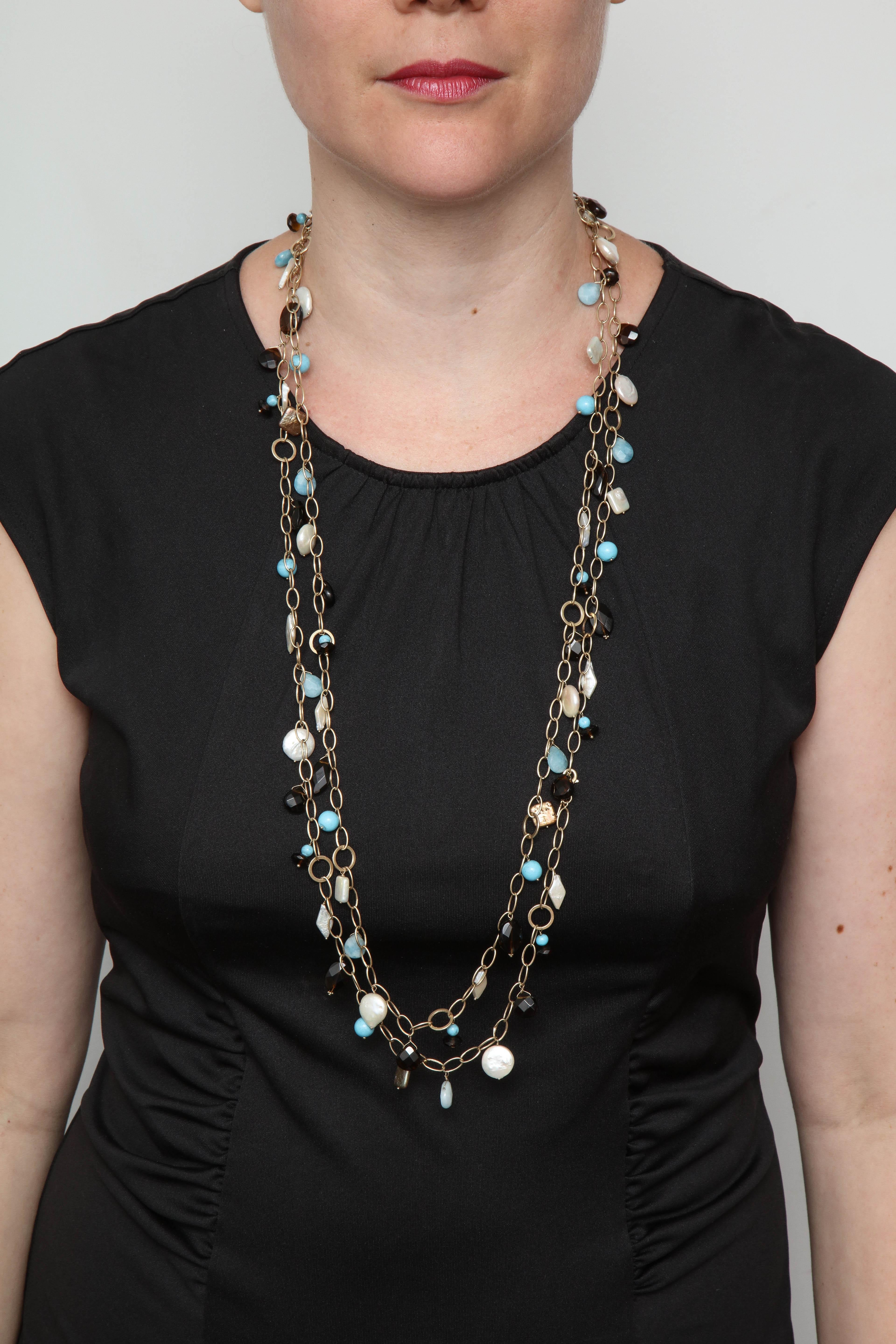 1980s Turquoise with Citrines and Different Shaped Pearls Gold Long Link Chain For Sale 3