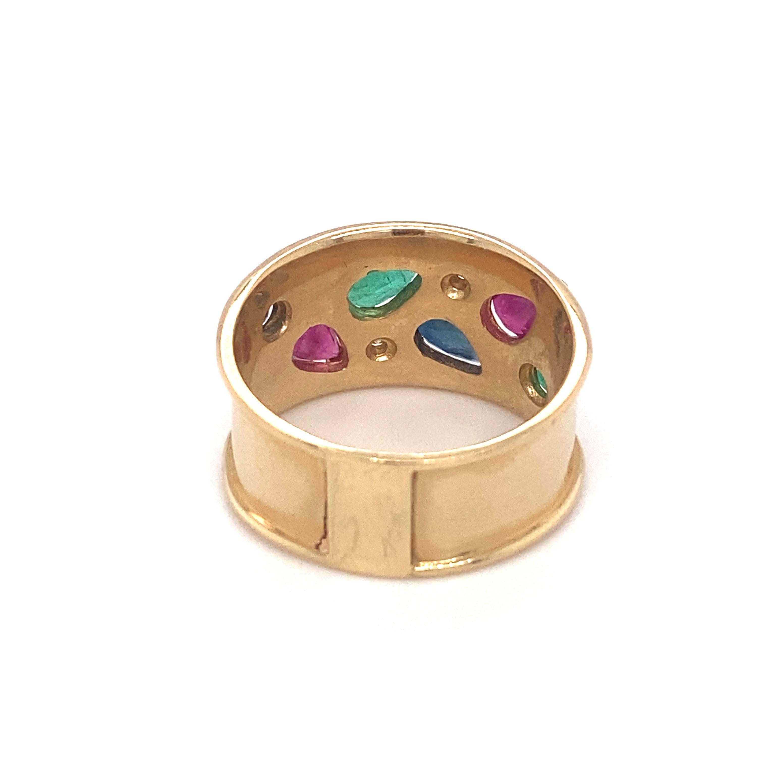 Pear Cut 1980s Tutti Frutti Style Ruby, Sapphire, and Emerald Band in 14 Karat Gold For Sale