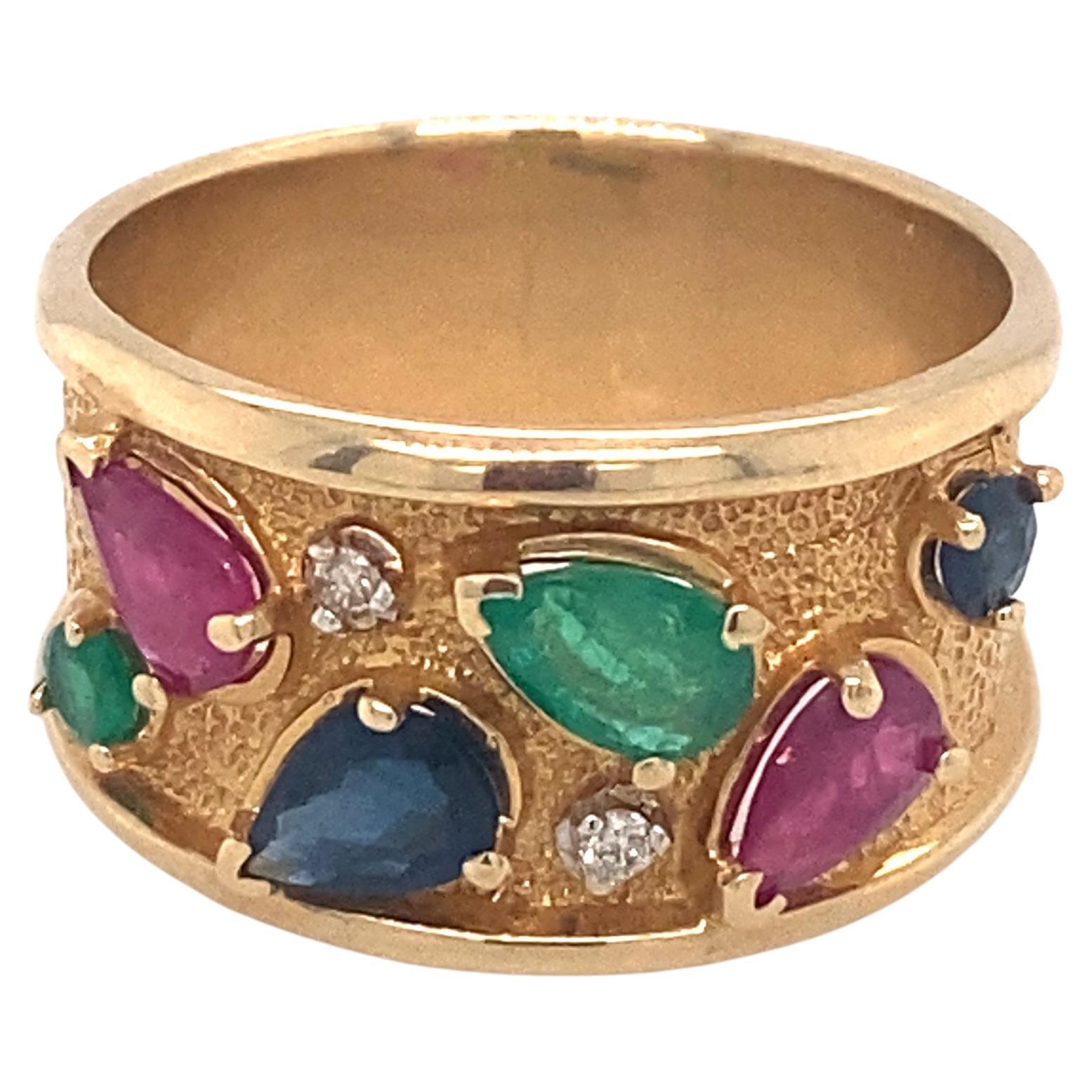 1980s Tutti Frutti Style Ruby, Sapphire, and Emerald Band in 14 Karat Gold For Sale