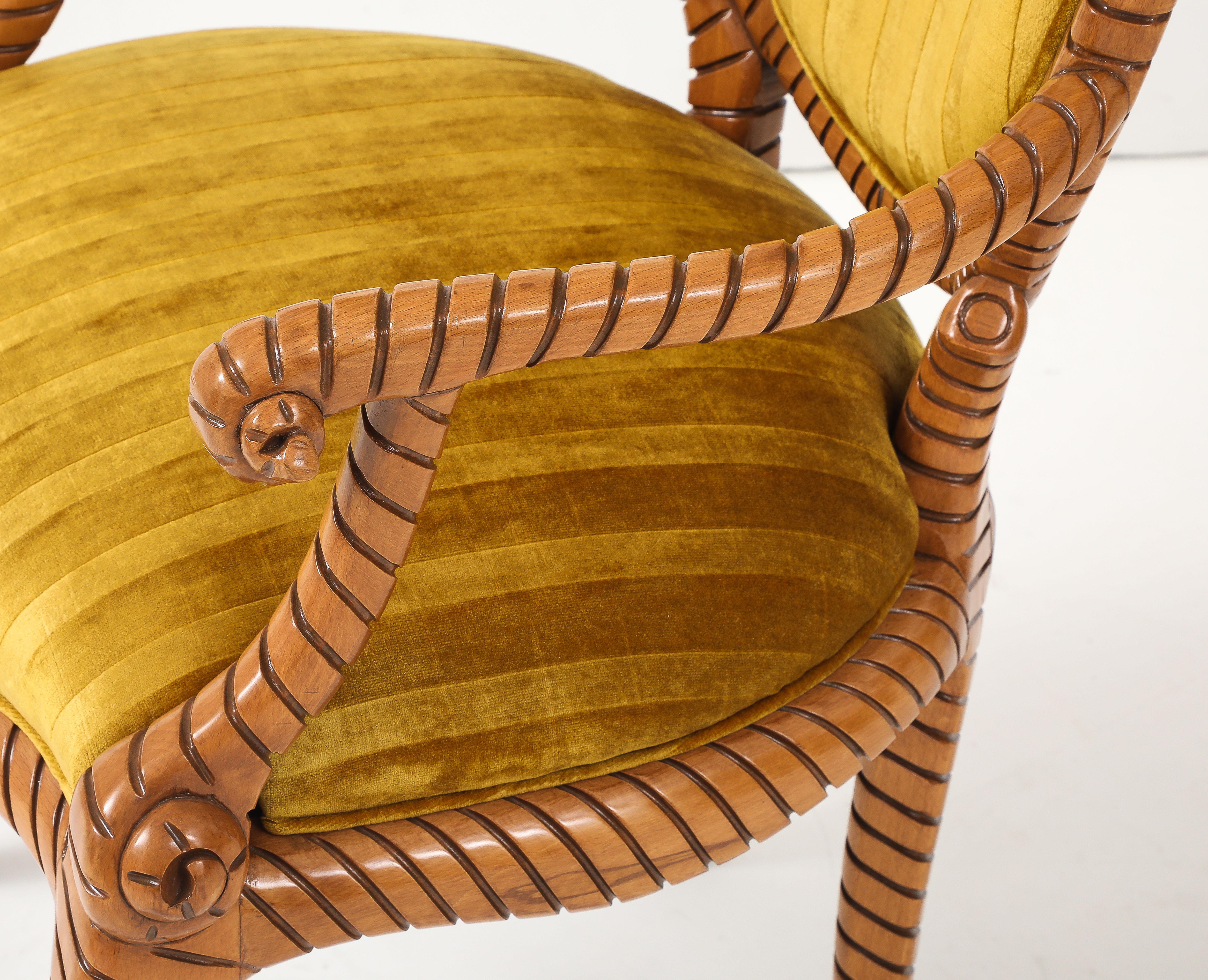 1980's Twisted Rope Wood 10 Esszimmerstühle aus Spanien in italienischen Samt Stoff im Angebot 9