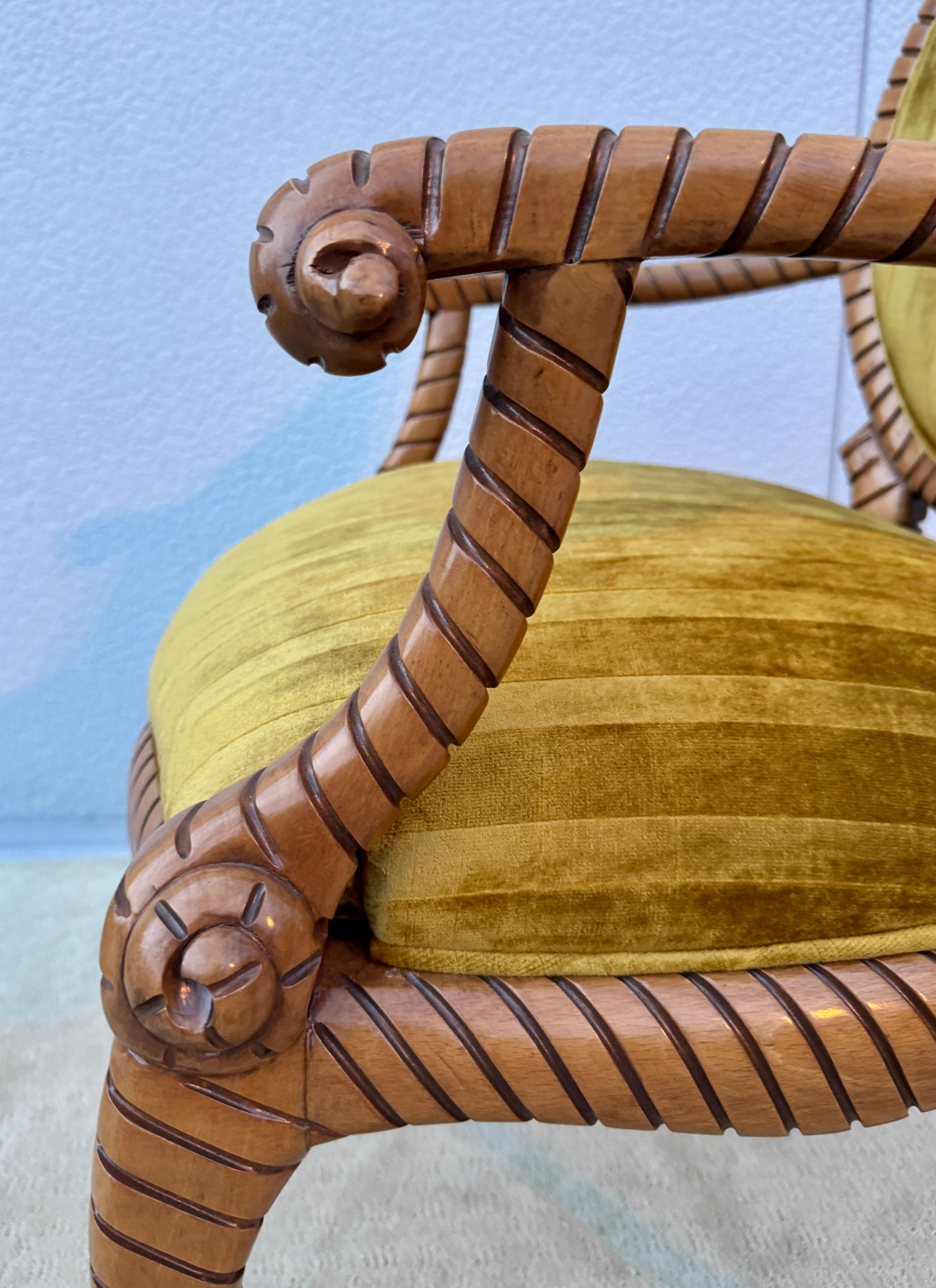 Sillas De Comedor De Madera De Cuerda Retorcida De Los Años 80 10 De España En Tela De Terciopelo Italiano finales del siglo XX en venta