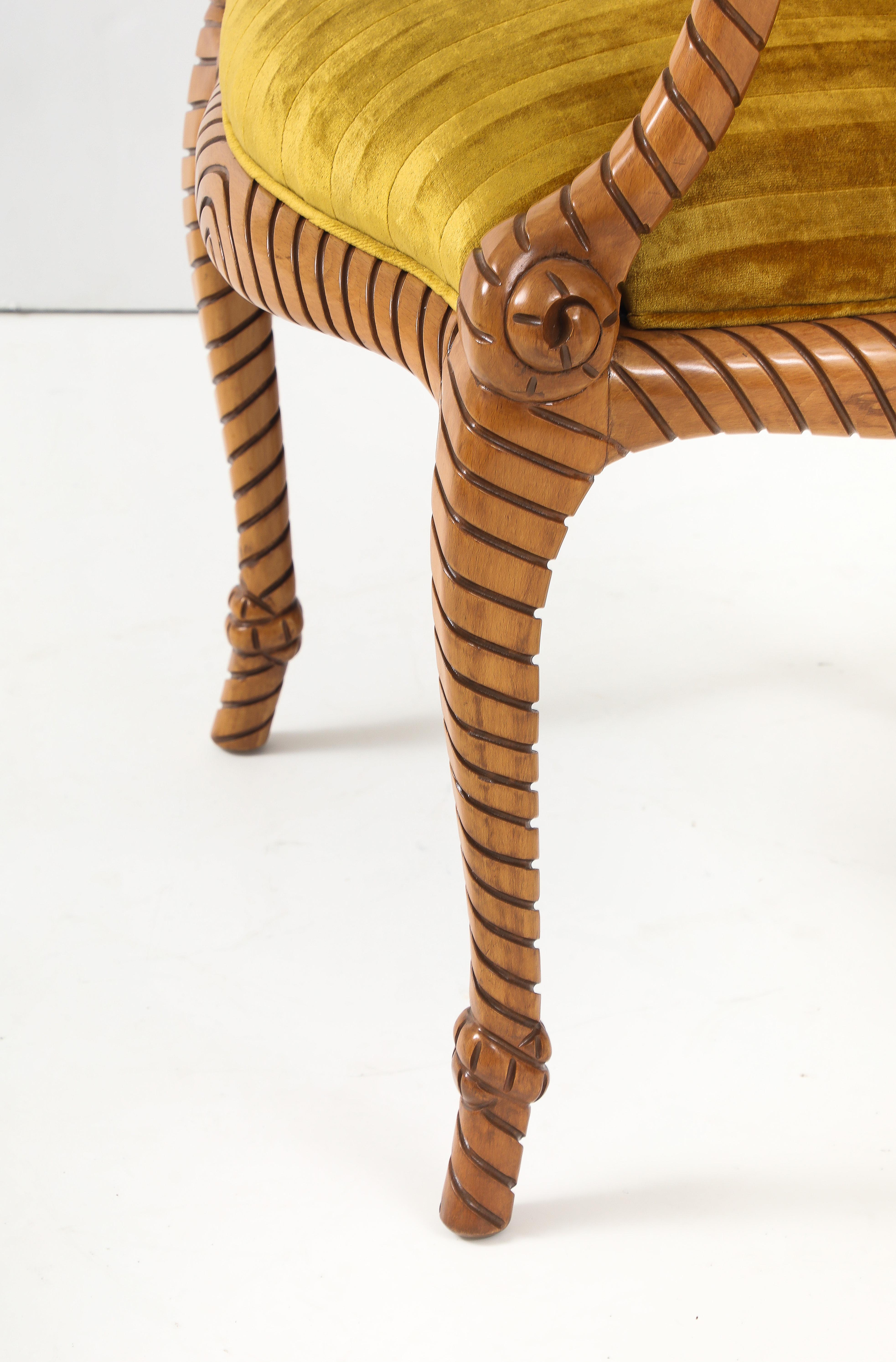 1980's Twisted Rope Wood 10 Esszimmerstühle aus Spanien in italienischen Samt Stoff im Angebot 1