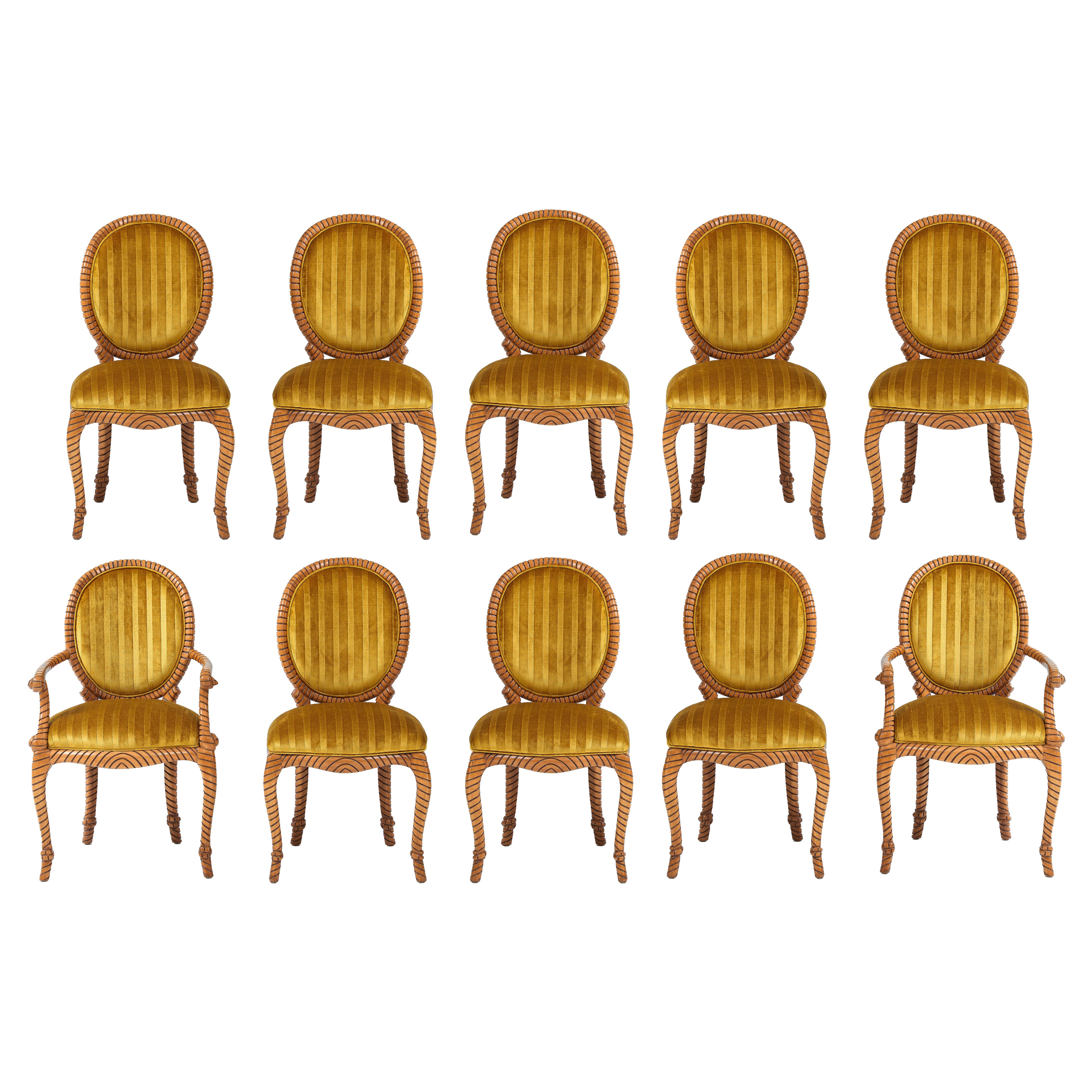 Chaises de salle à manger en Espagne, 10 chaises en bois torsadé des années 1980, tissu en velours italien