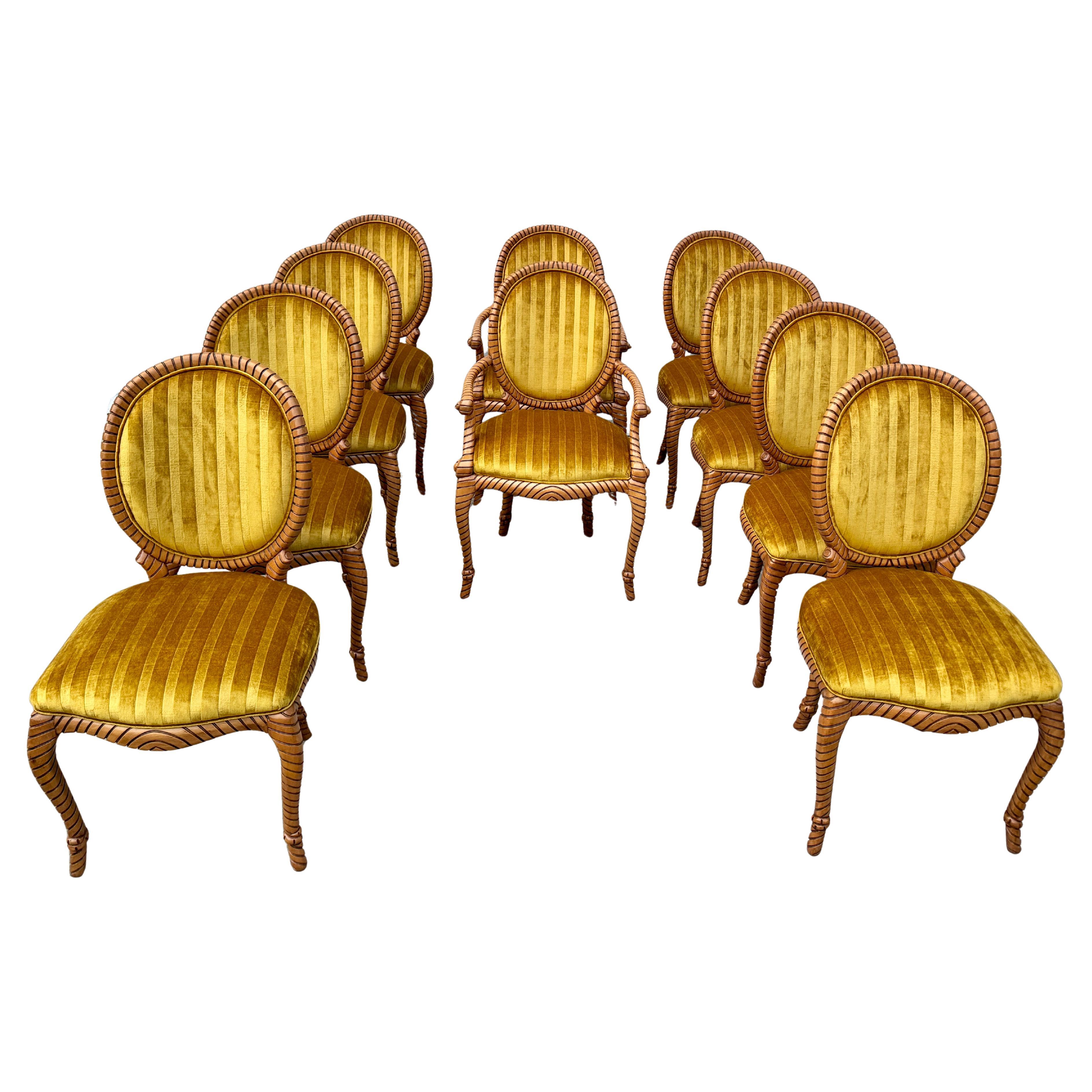 Sillas De Comedor De Madera De Cuerda Retorcida De Los Años 80 10 De España En Tela De Terciopelo Italiano en venta