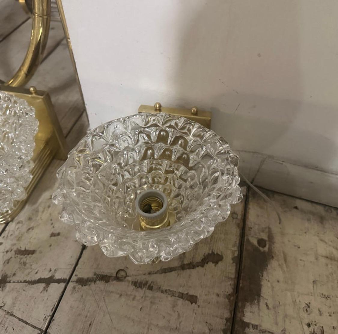 Hand-Crafted 1980s Two Barovier Style Mid-Century Modern Rostrato Murano Glass Wall Sconces For Sale