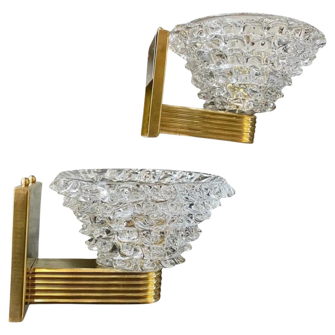 1980s Two Barovier Style Mid-Century Modern Rostrato Murano Glass Wall Sconces For Sale