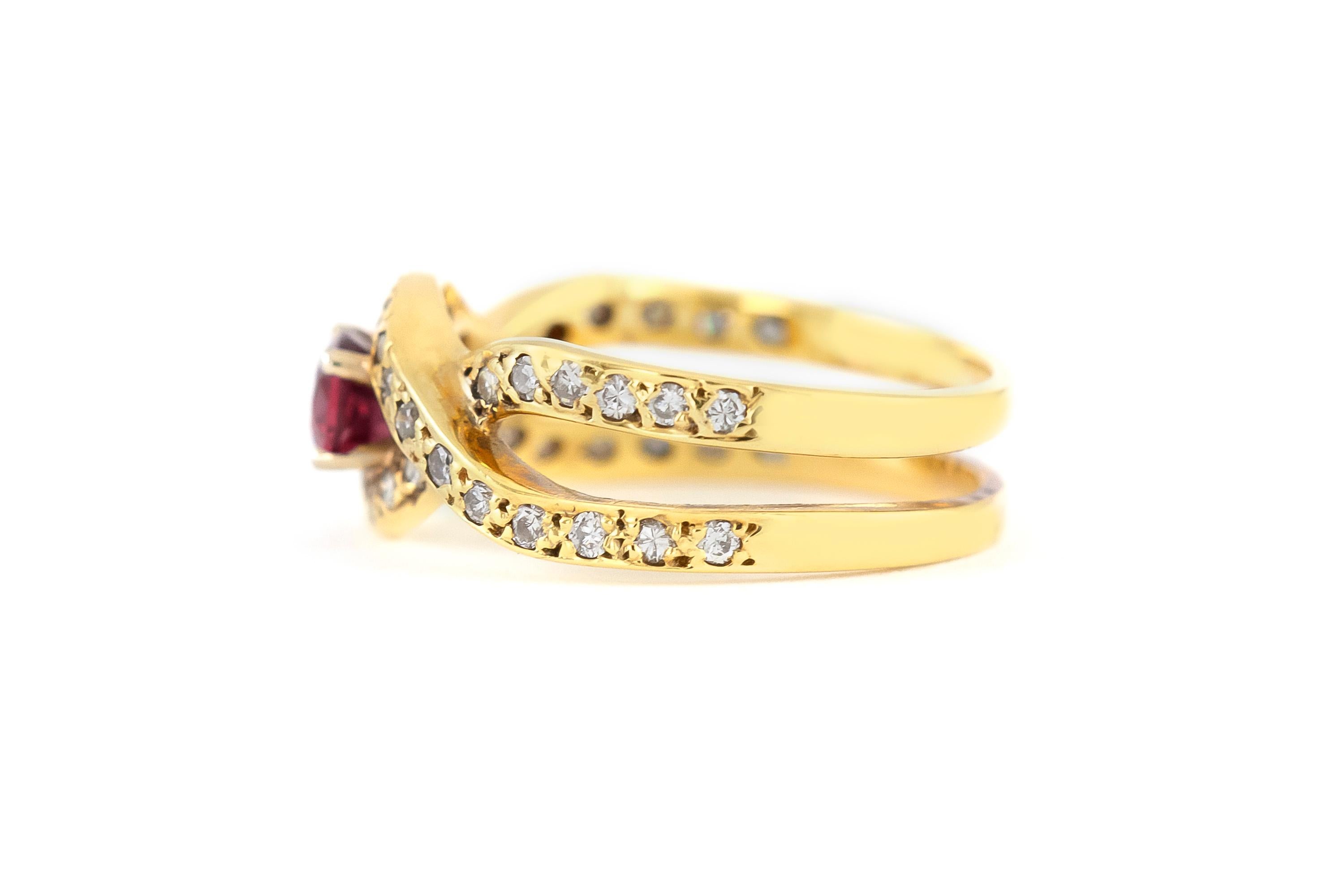 The ring is finely crafted in 14k yellow gold with center pink sapphire weighing approximately total of 0.75 and diamonds on the setting weighing approximately total of 0.35 carat.
Circa 1980.