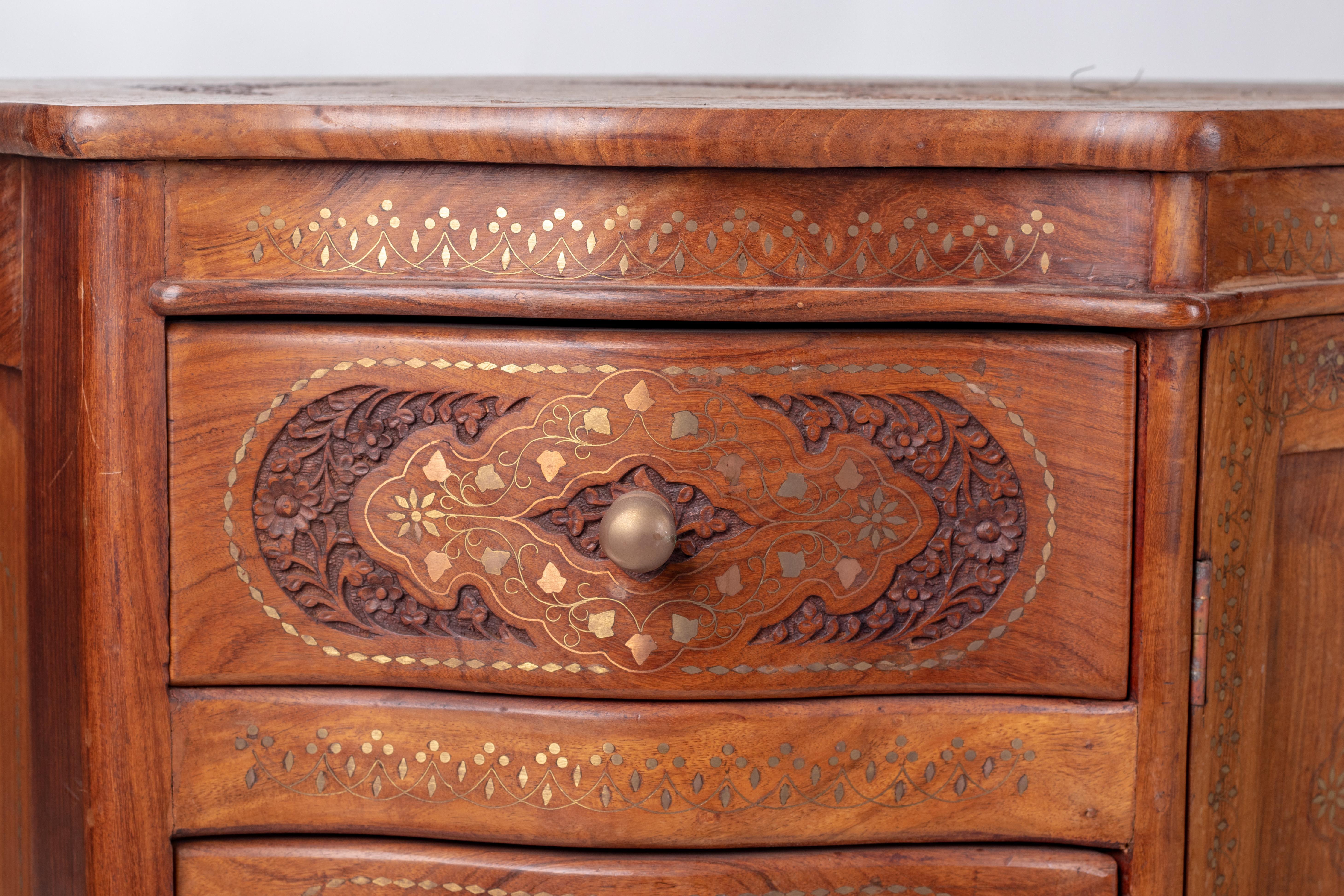 1980s Two Doors and Eight Drawers Hand Carved Wooden Chest with Brass Inlays For Sale 1