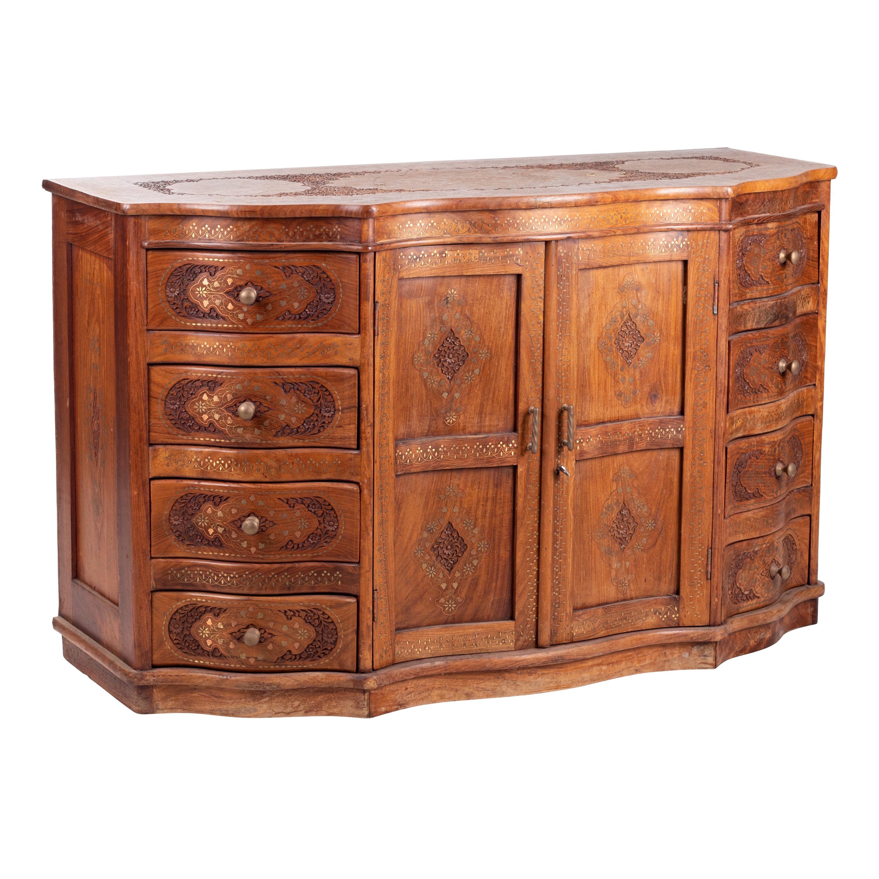 1980s Two Doors and Eight Drawers Hand Carved Wooden Chest with Brass Inlays