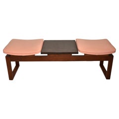 1980s Two-Seater Faux Leather Solid Wood Bench and Wood Table Mid-Century Modern