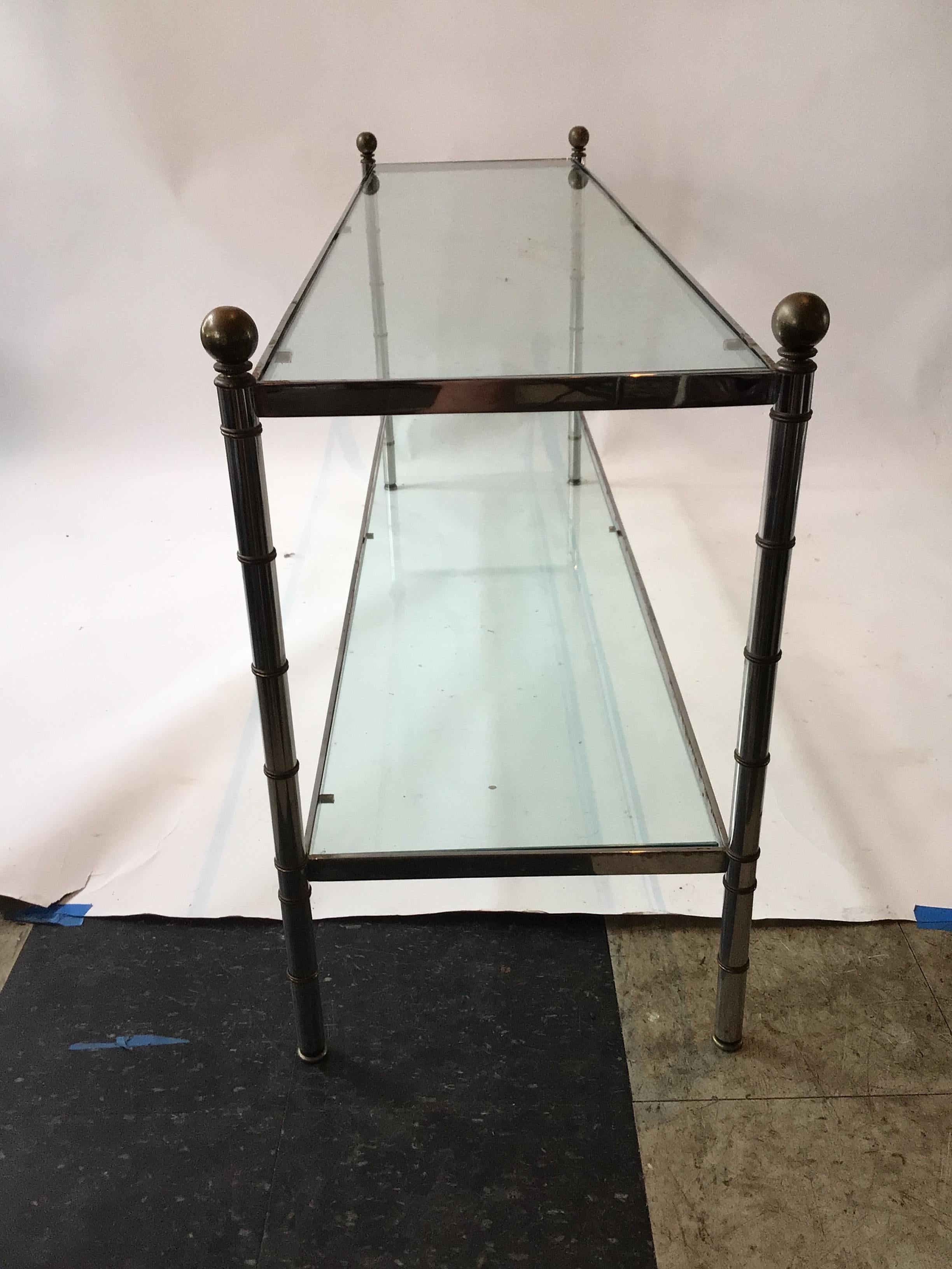 1980s Two Tier Chrome and Brass  Faux Bamboo Console In Good Condition For Sale In Tarrytown, NY