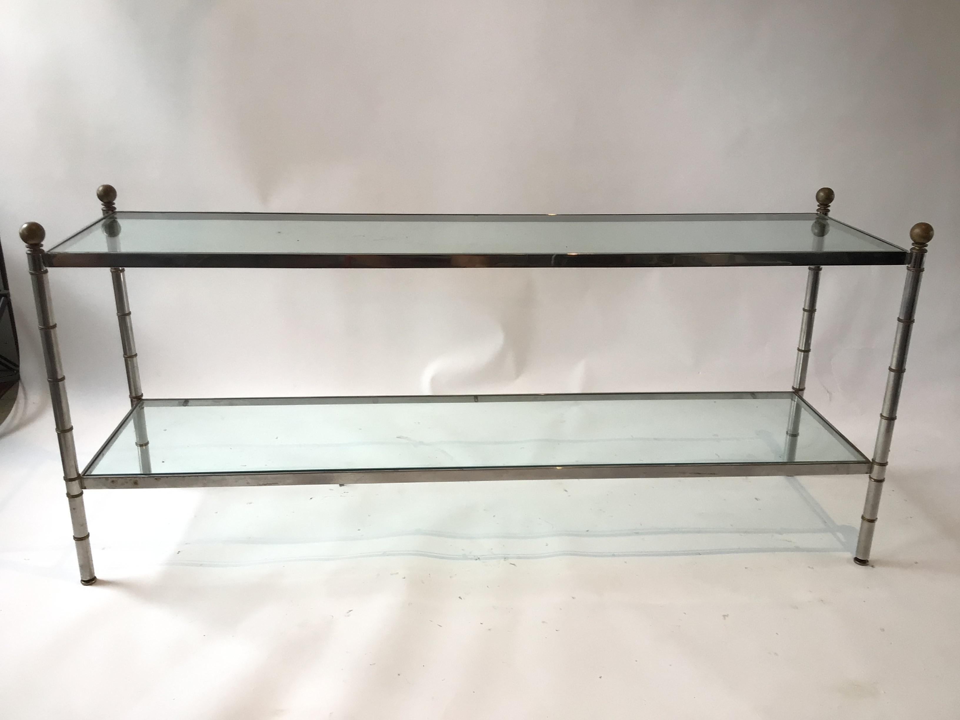 Late 20th Century 1980s Two Tier Chrome and Brass  Faux Bamboo Console For Sale