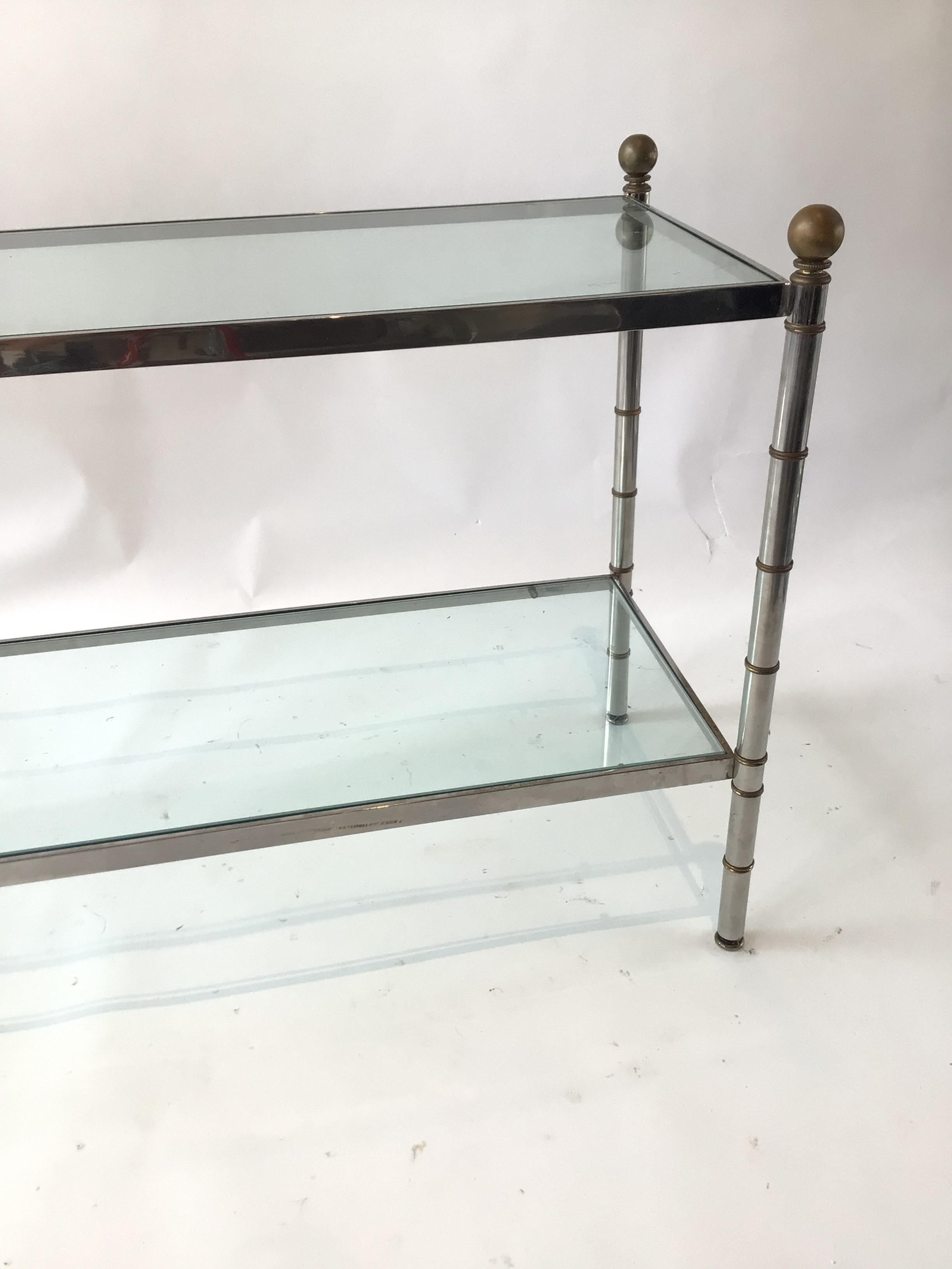 1980s Two Tier Chrome and Brass  Faux Bamboo Console For Sale 1