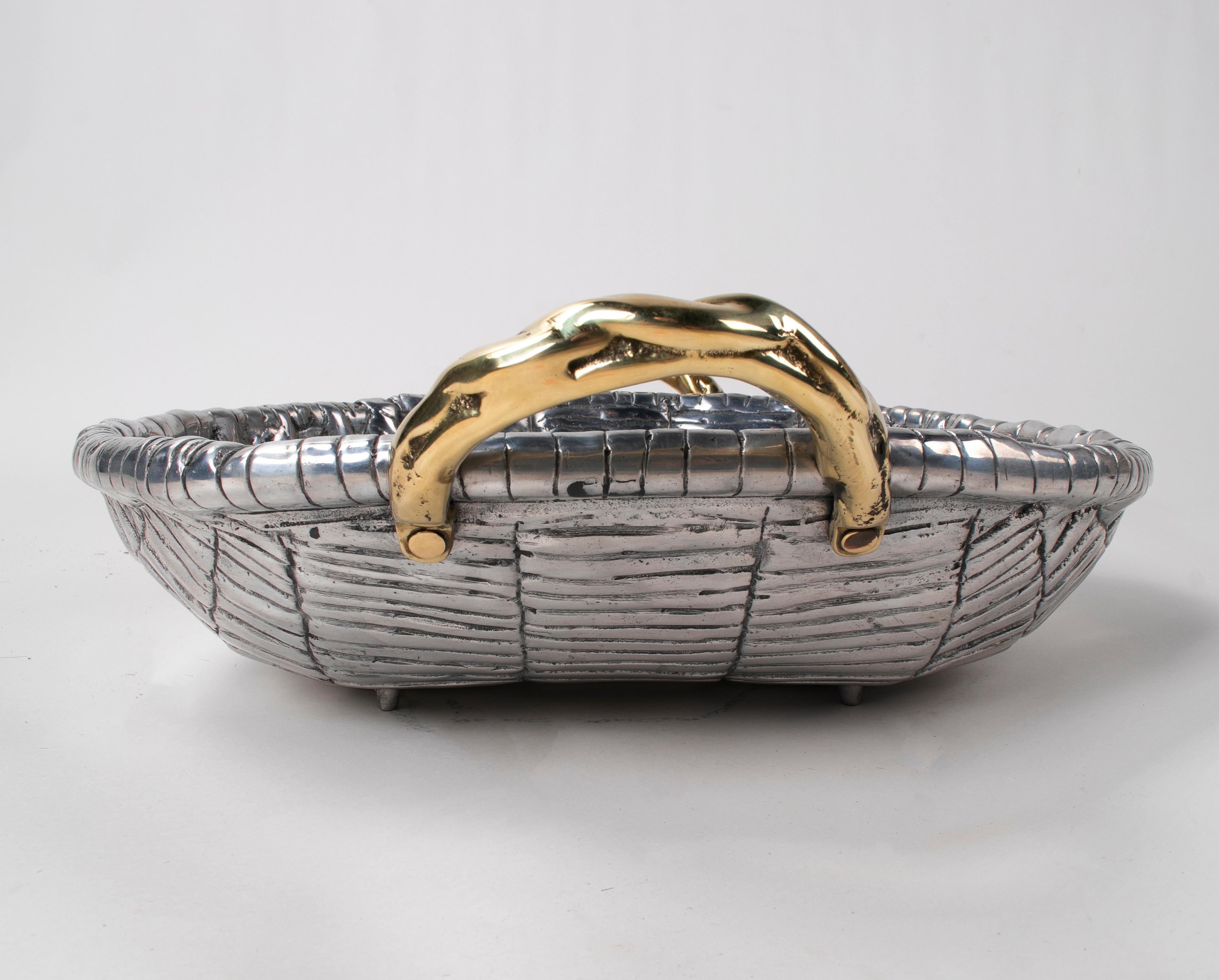 1980s Two-Tone Bronze Fruit Basket with Stamped Signature 2