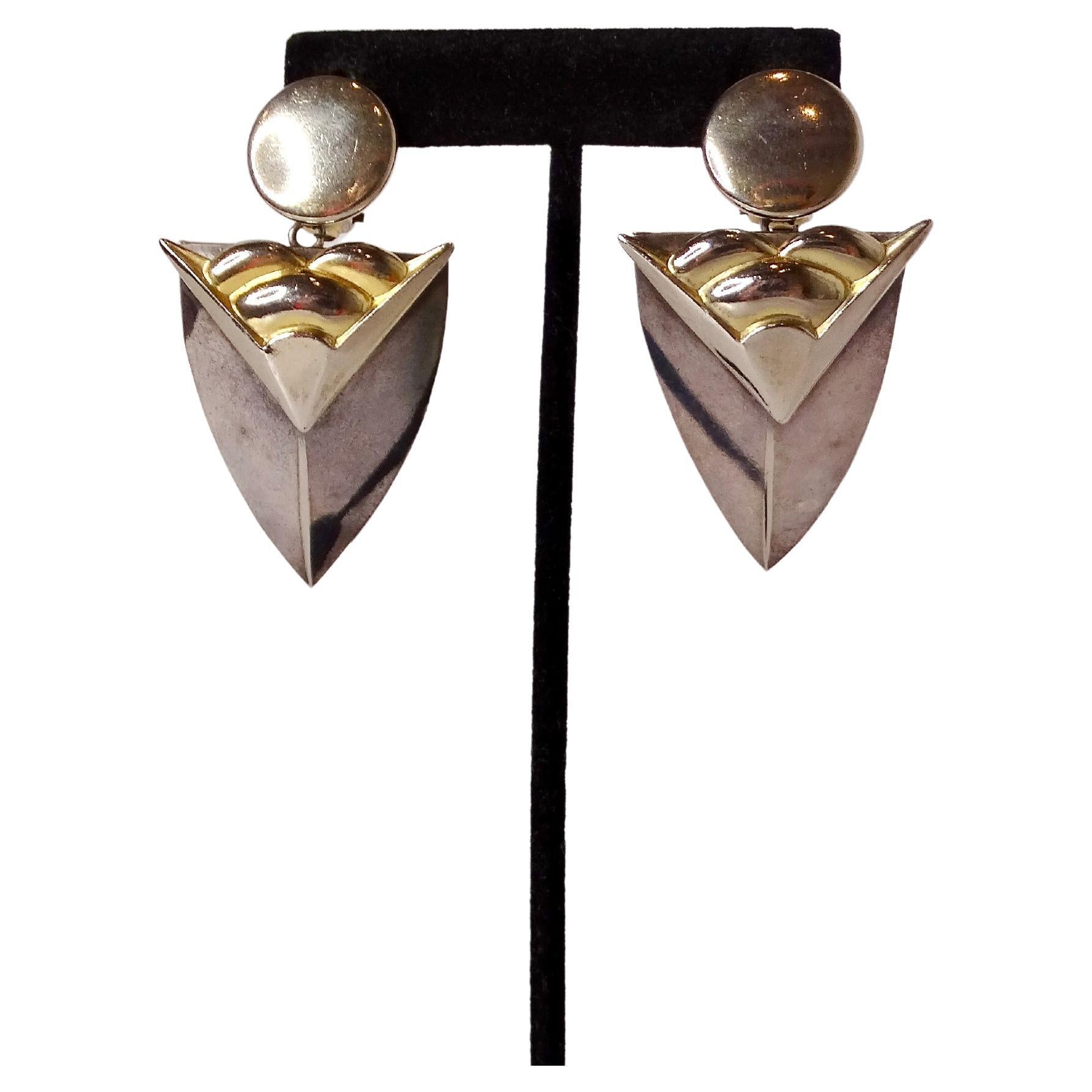 1980s Two-Tone Geometric 14k Gold Plated Clip-On Earrings For Sale 1