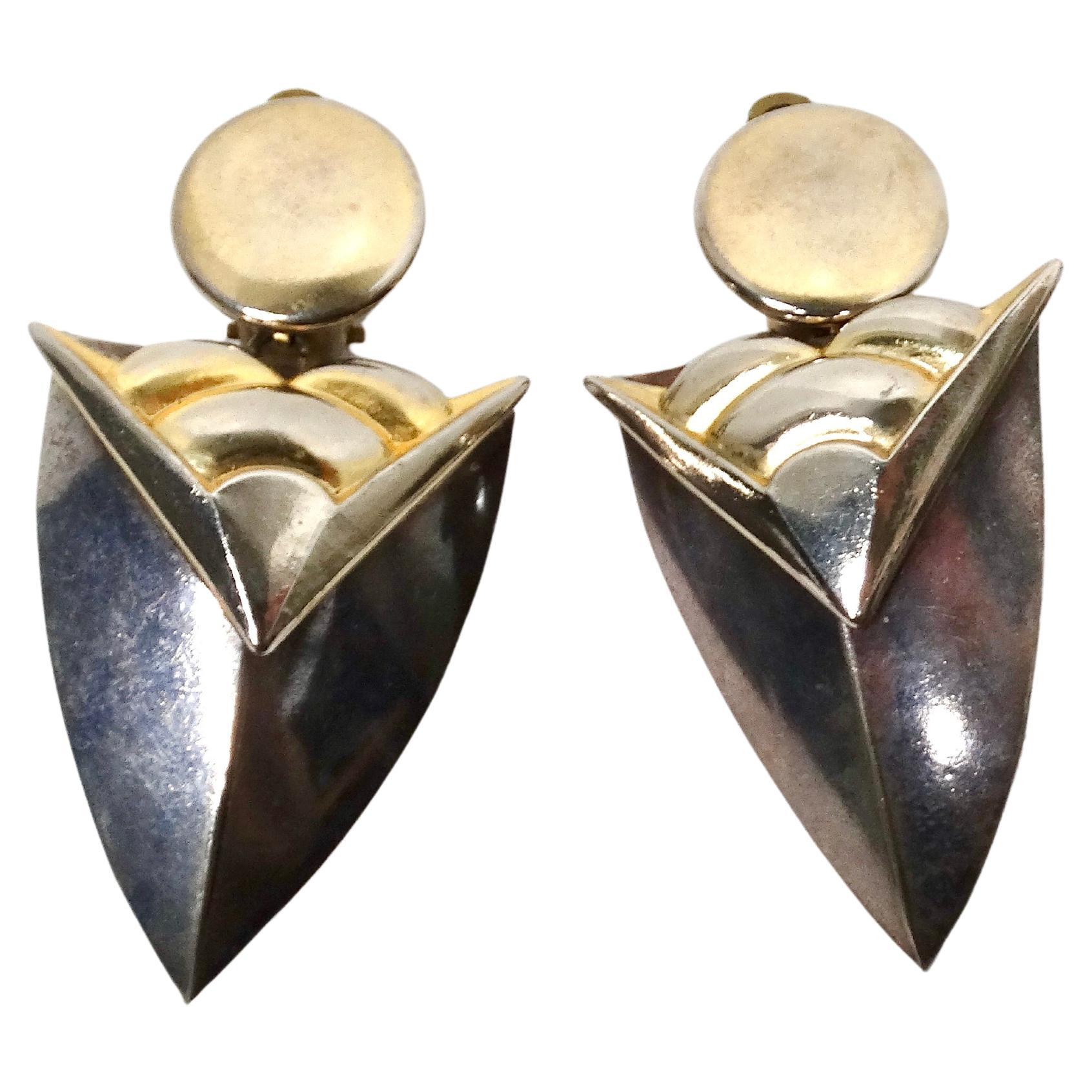 1980s Two-Tone Geometric 14k Gold Plated Clip-On Earrings