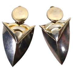 Vintage 1980s Two-Tone Geometric 14k Gold Plated Clip-On Earrings