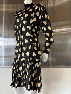 1980s Ungaro Black & Cream Rayon Drop Waist Dress W/ Velvet Collar & Heart Print