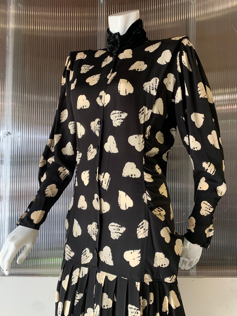 1980s Ungaro Black & Cream Rayon Drop Waist Dress W/ Velvet Collar & Heart Print