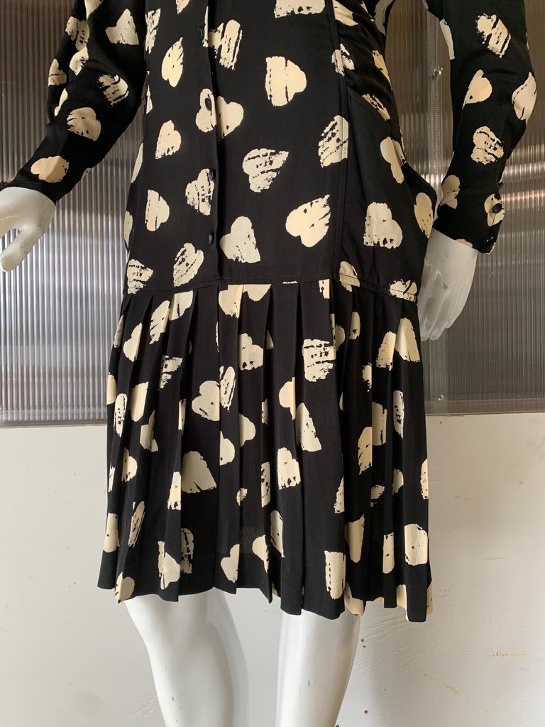 1980s Ungaro Black & Cream Rayon Drop Waist Dress W/ Velvet Collar & Heart Print 1980s Ungaro Black & Cream Rayon Drop Waist Dress W/ Velvet Collar & Heart Print