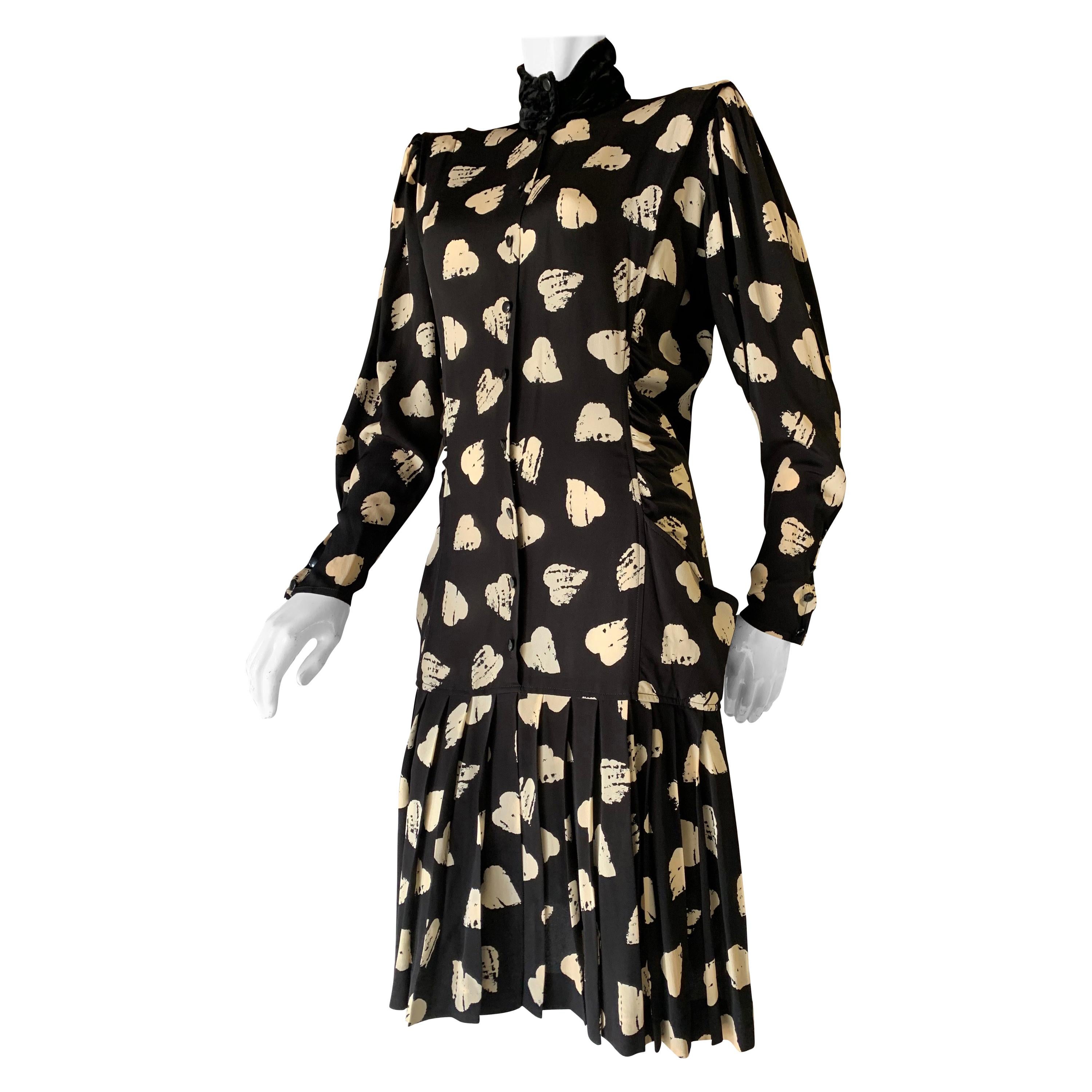 1980s Ungaro Black & Cream Rayon Drop Waist Dress W/ Velvet Collar & Heart Print