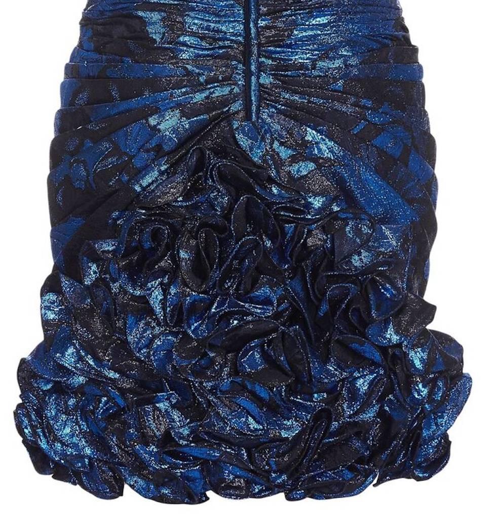 Women's 1980s Ungaro Blue & Black Lame Ruched Cocktail Dress