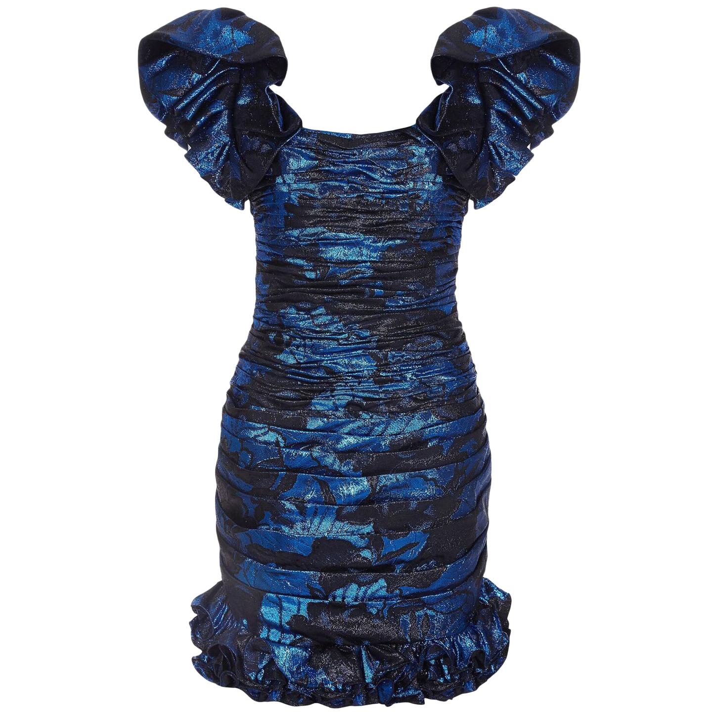 1980s Ungaro Blue & Black Lame Ruched Cocktail Dress