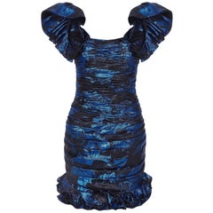 1980s Ungaro Blue & Black Lame Ruched Cocktail Dress