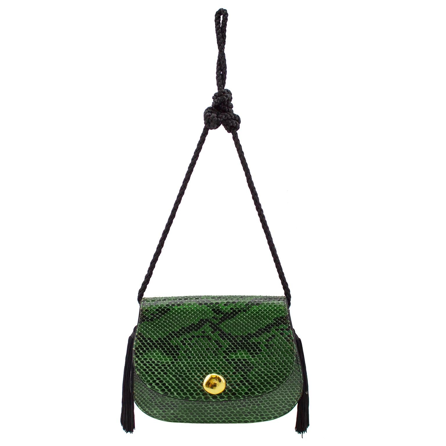 1980s Emanuel Ungaro evening/dinner bag. Gorgeous green and black patterned leather with contrasting gold tone hardware. Flap front with snap closure. Black twisted ribbon shoulder strap, knotted to adjust to desired length, but can be styled to