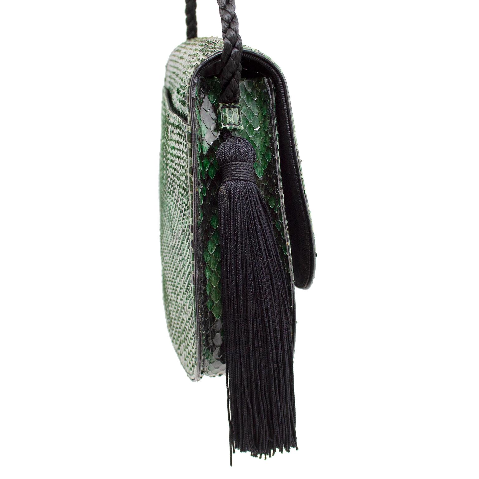 1980s Ungaro Green and Black Bag Patterned Leather with Tassels In Good Condition For Sale In Toronto, Ontario