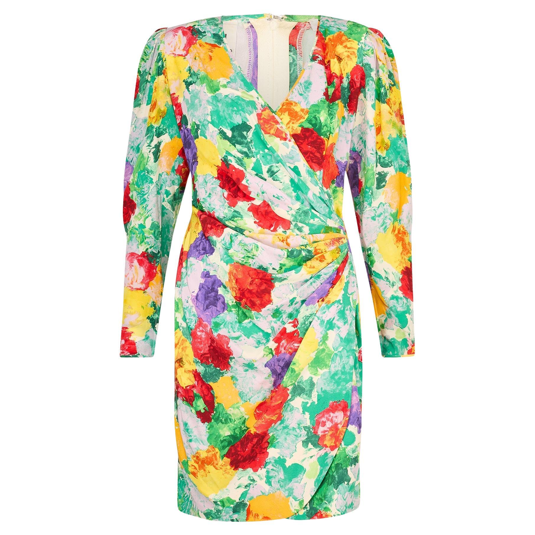 Mini-robe enveloppante florale Ungaro Parallele des années 1980