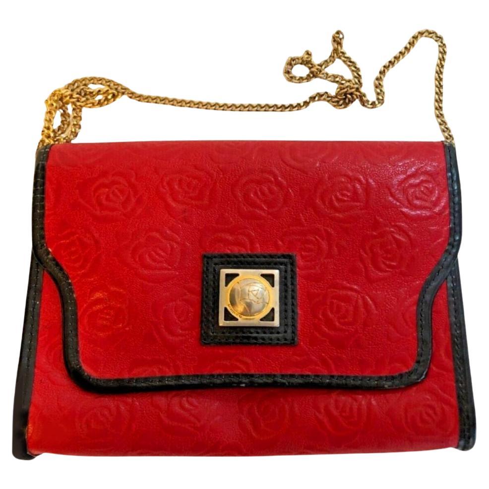 1980s Ungaro Paris Red Embossed Shoulder Bag with Gold Chain  For Sale