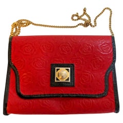 1980s Ungaro Paris Red Embossed Shoulder Bag with Gold Chain 