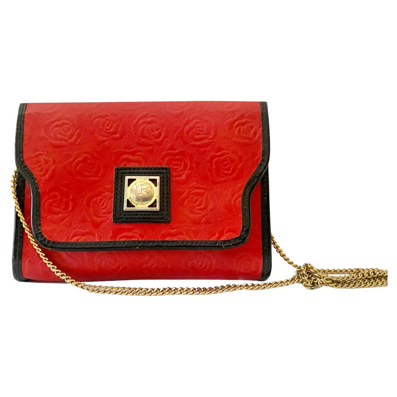 1980s Ungaro Paris Red Embossed Shoulder Bag with Gold Chain  For Sale