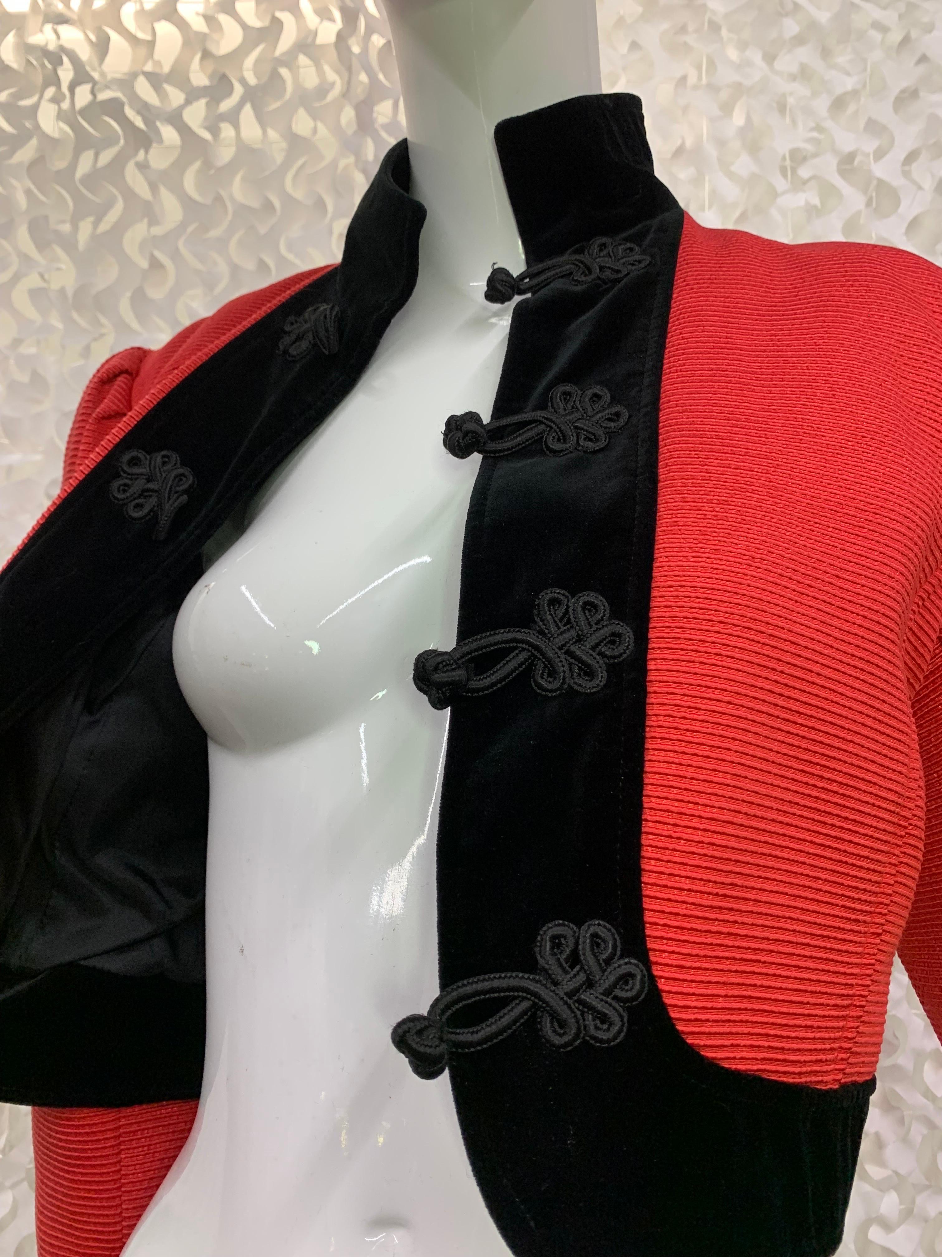 1980s Ungaro Red Silk Faille Bolero Jacket w Black Velvet Trim & High Collar  For Sale 7