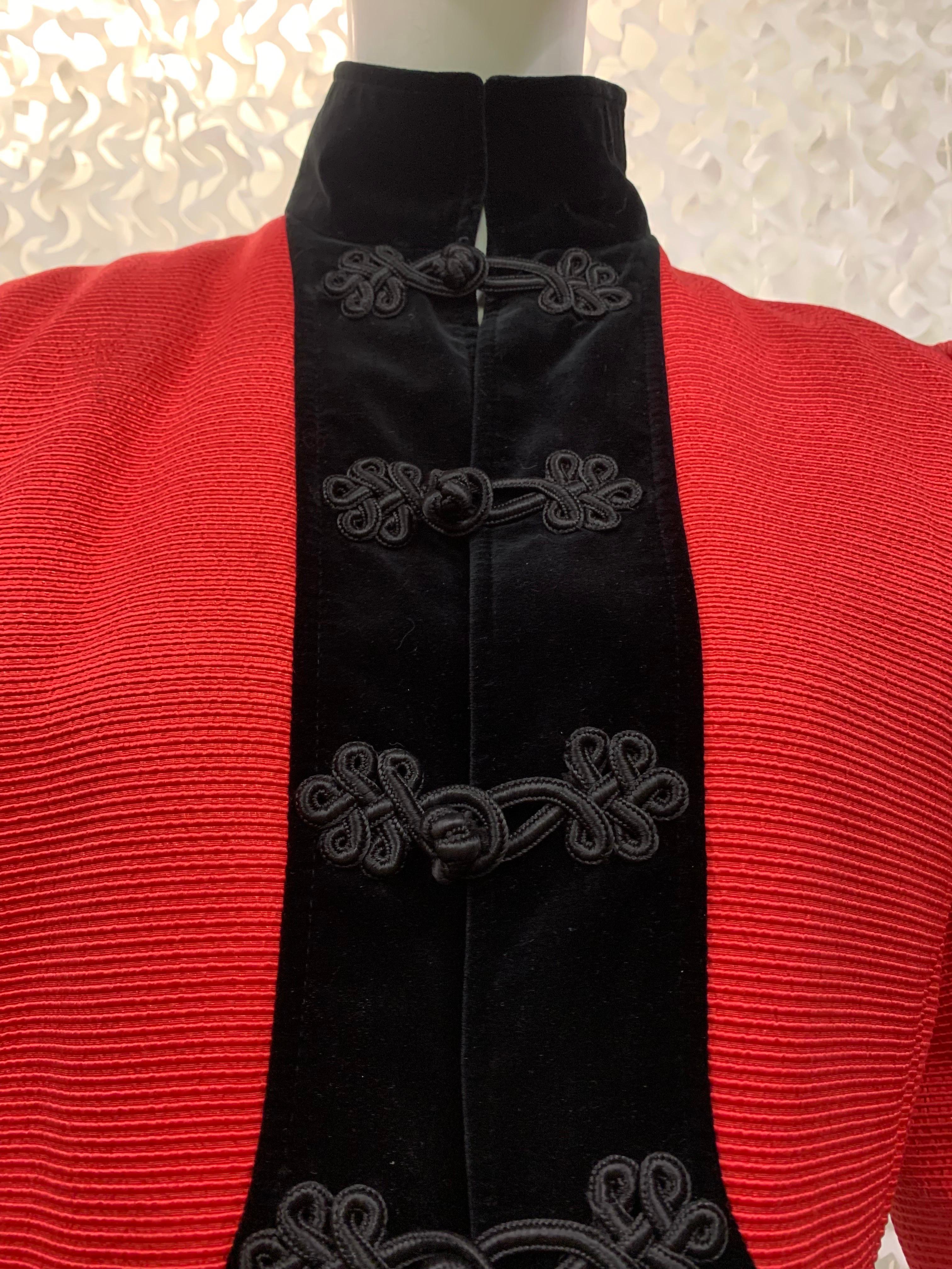 Women's 1980s Ungaro Red Silk Faille Bolero Jacket w Black Velvet Trim & High Collar  For Sale