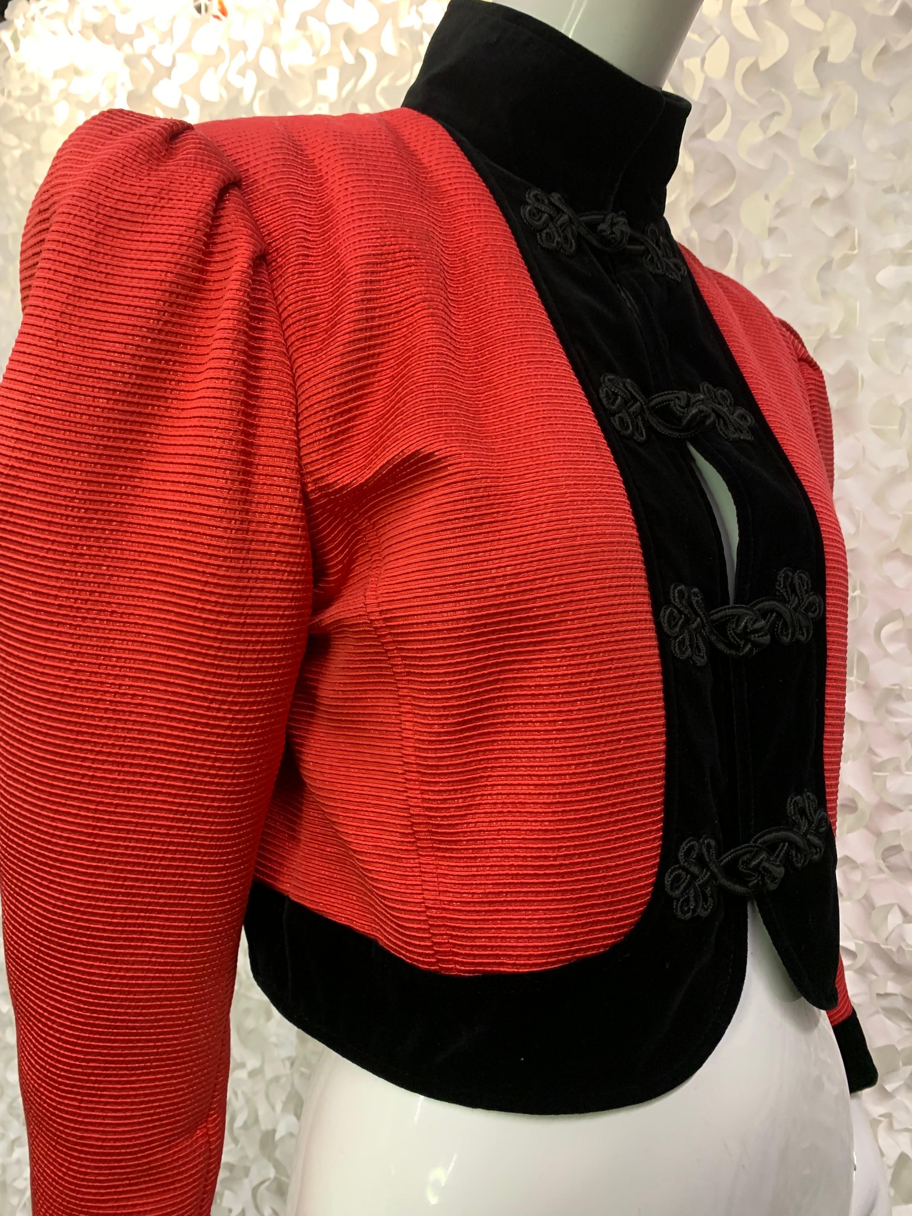 1980s Ungaro Red Silk Faille Bolero Jacket w Black Velvet Trim & High Collar  For Sale 2