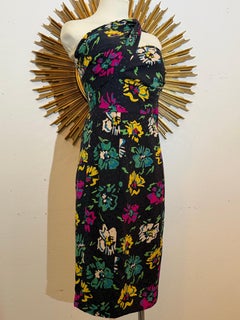 1980s Ungaro Silk Floral Print Crepe Strapless Cocktail Dress w Attached Foulard