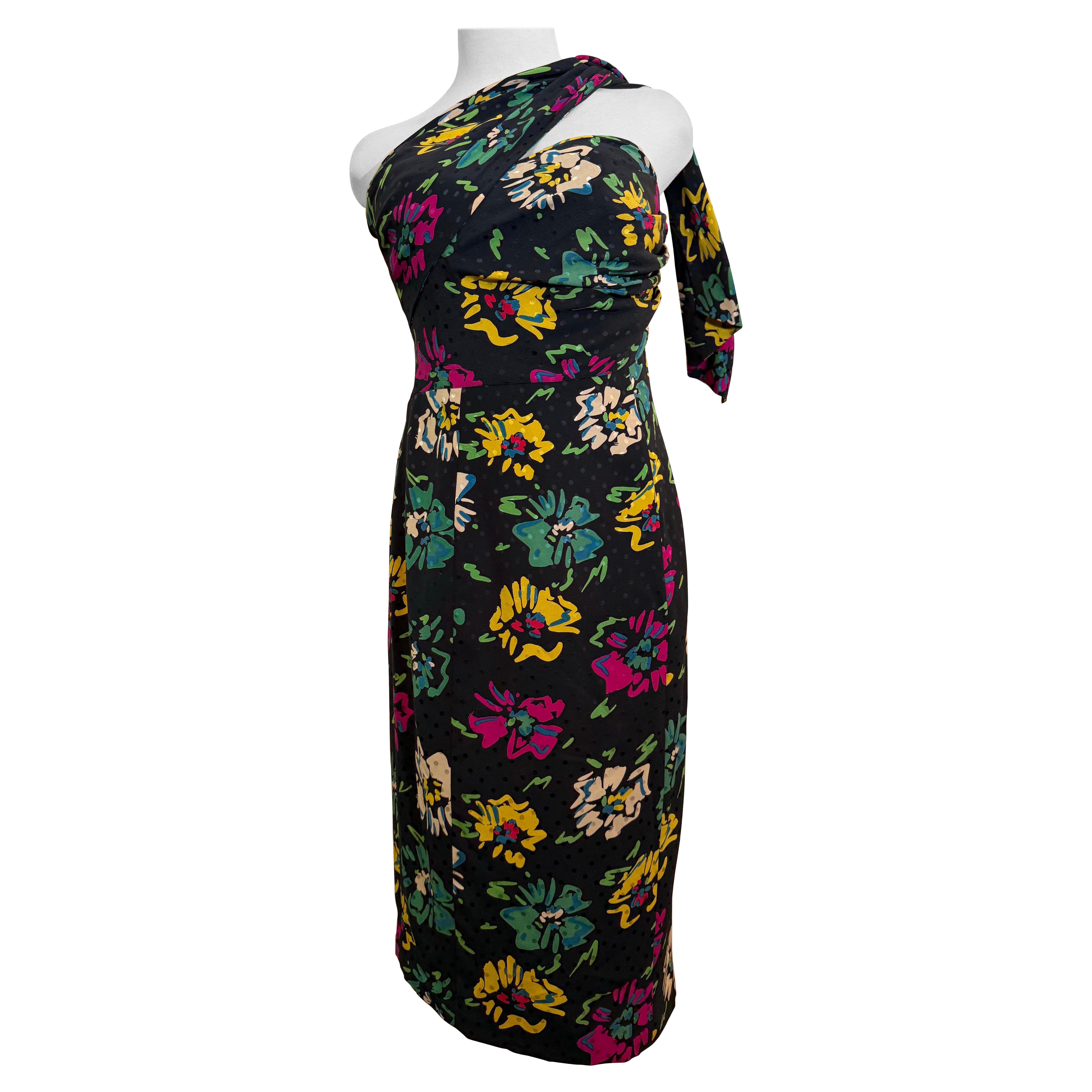 1980 Ungaro Silk Floral Print Crepe Strapless Cocktail Dress w Attached Foulard