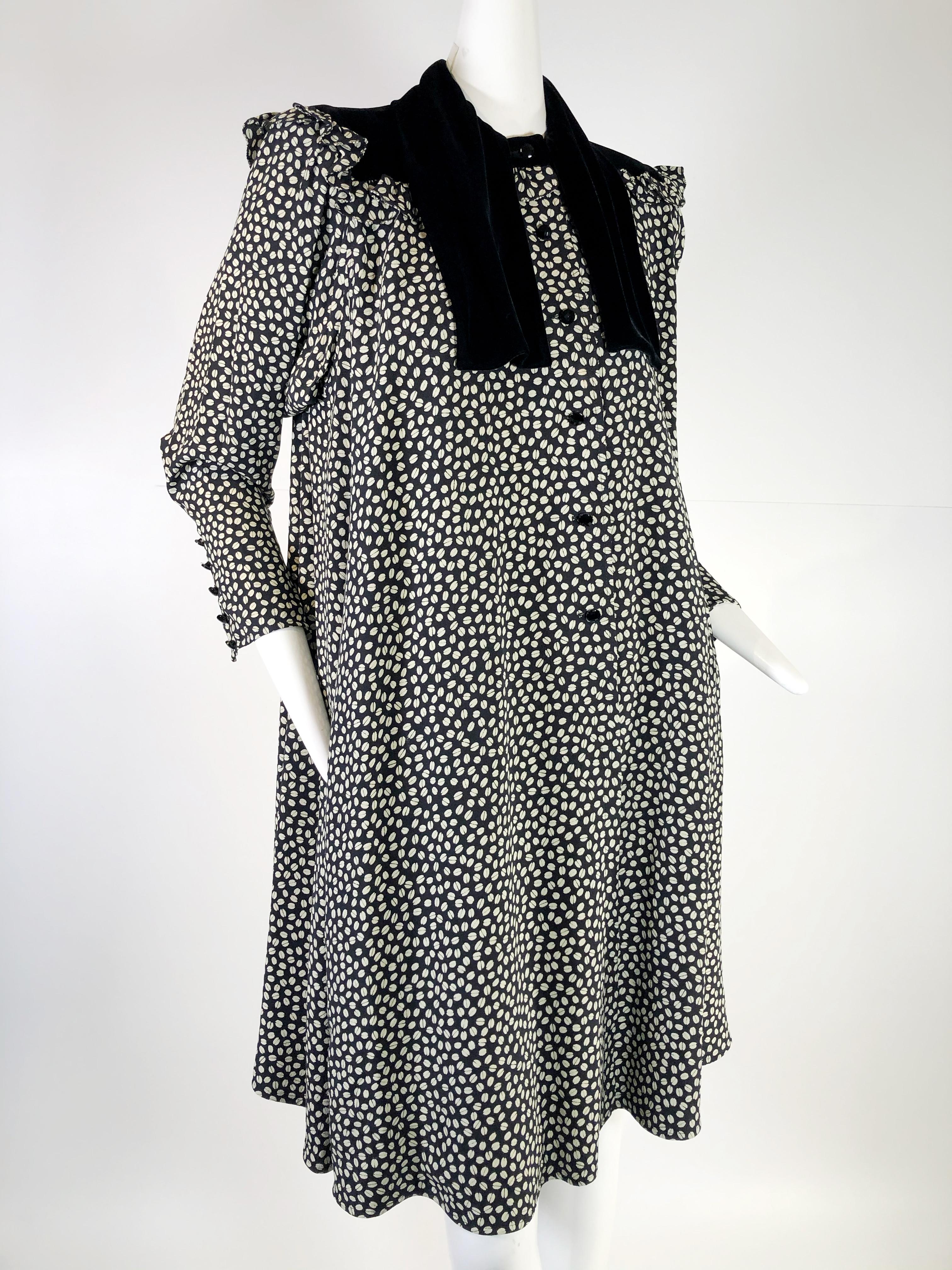 1980s Ungaro smock dress:  velvet shoulder yolk with tie neckline, edged in ruffled black and white 