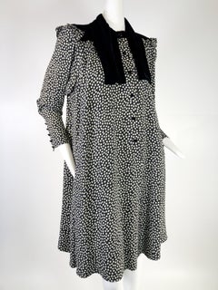 1980s Ungaro Velvet Yolked Crepe Print Black and White Smock Dress