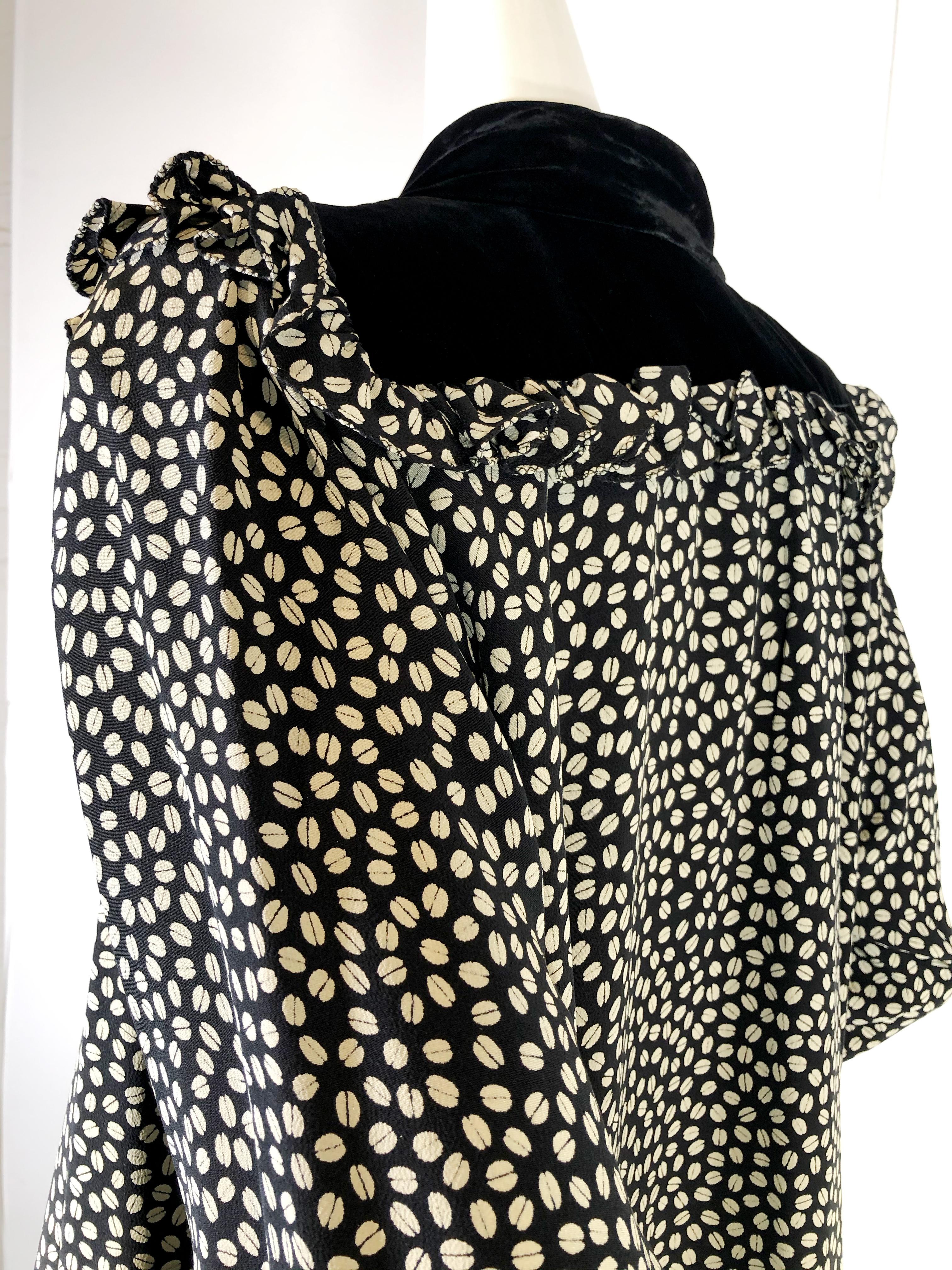 1980s Ungaro Velvet Yolked Crepe Print Black and White Smock Dress For Sale 3