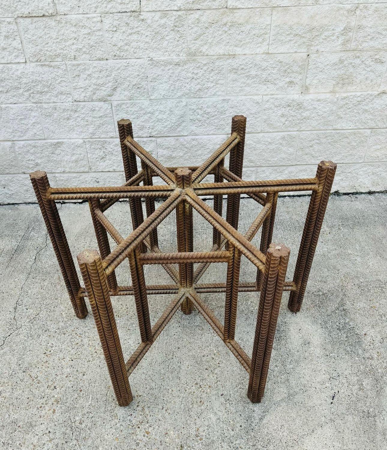 This is a beautiful custom made welded rebar table base! It's very heavy and was previously used on a outdoor patio with a glass top. Base is oxidized as seen and solid with no breaks to the rebar or welds.  It's still beautiful and very unique! 