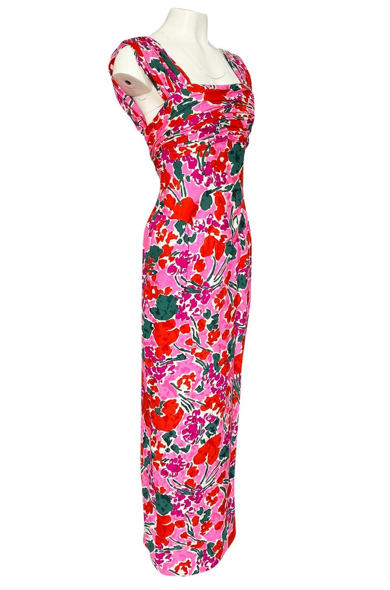 1980s Unlabelled Jacqueline de Ribes Pink Floral Print Silk Dress at ...
