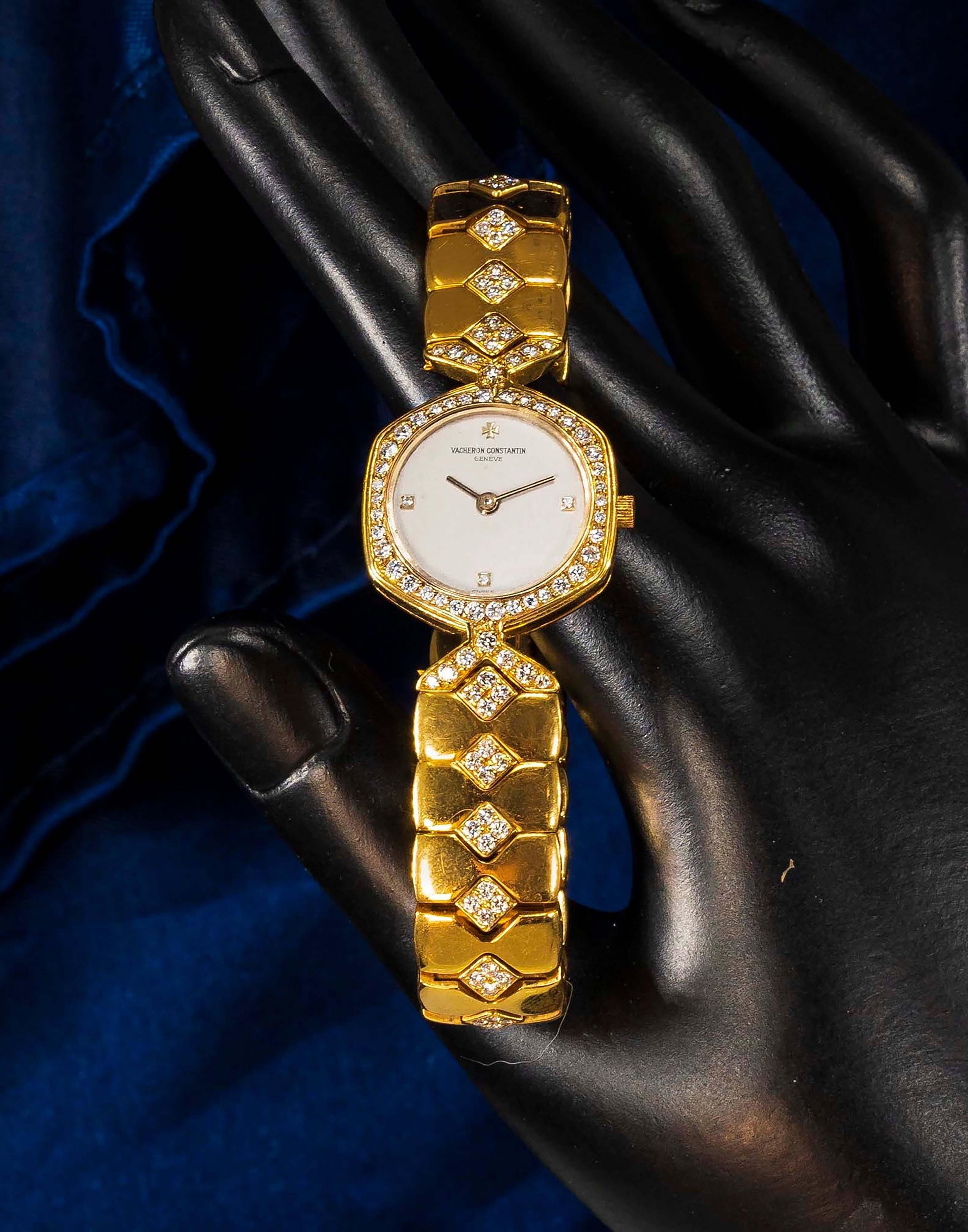 1980s Vacheron Constantin Diamond Hexagon Honey Comb Yellow Gold Bracelet Watch 9