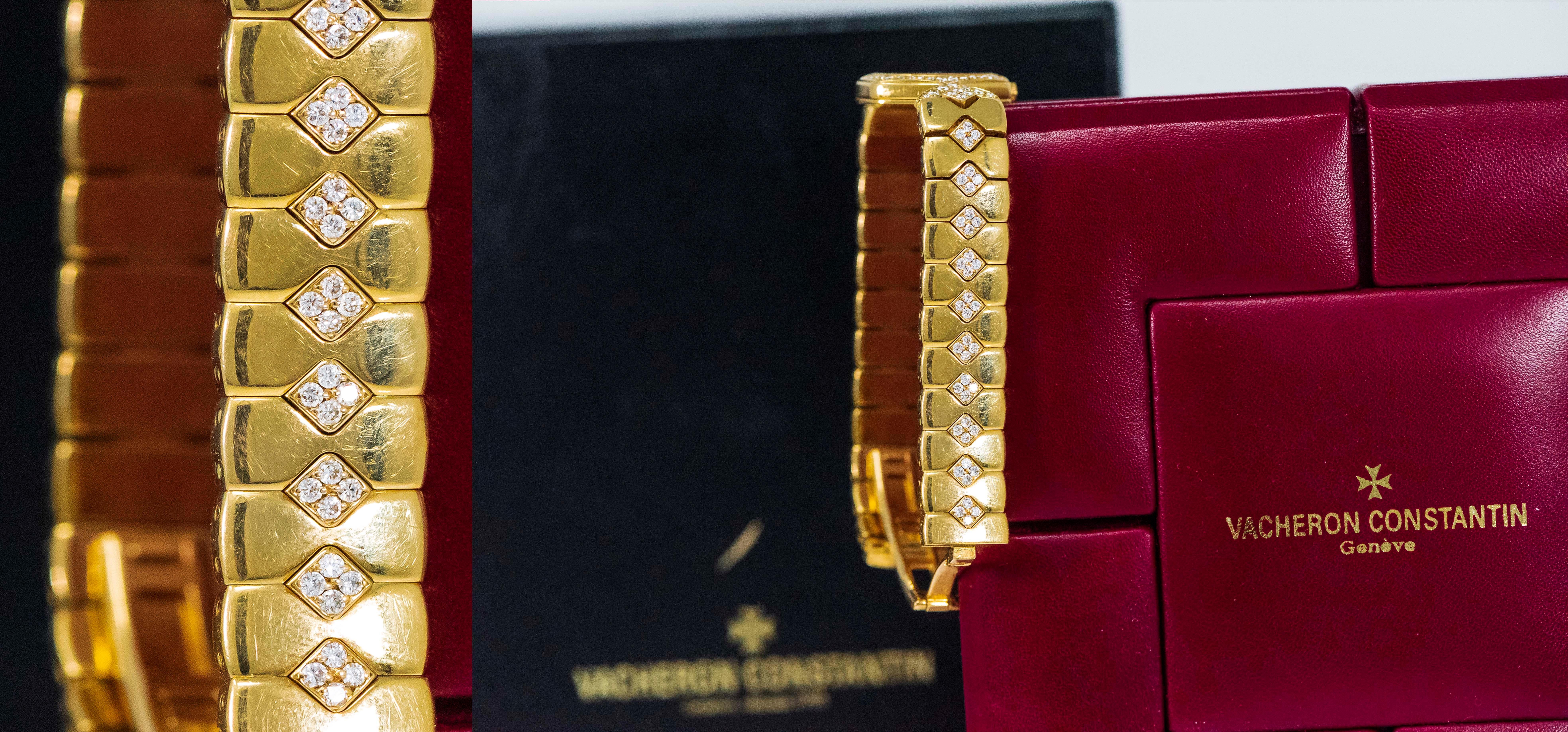 1980s Vacheron Constantin Diamond Hexagon Honey Comb Yellow Gold Bracelet Watch 2